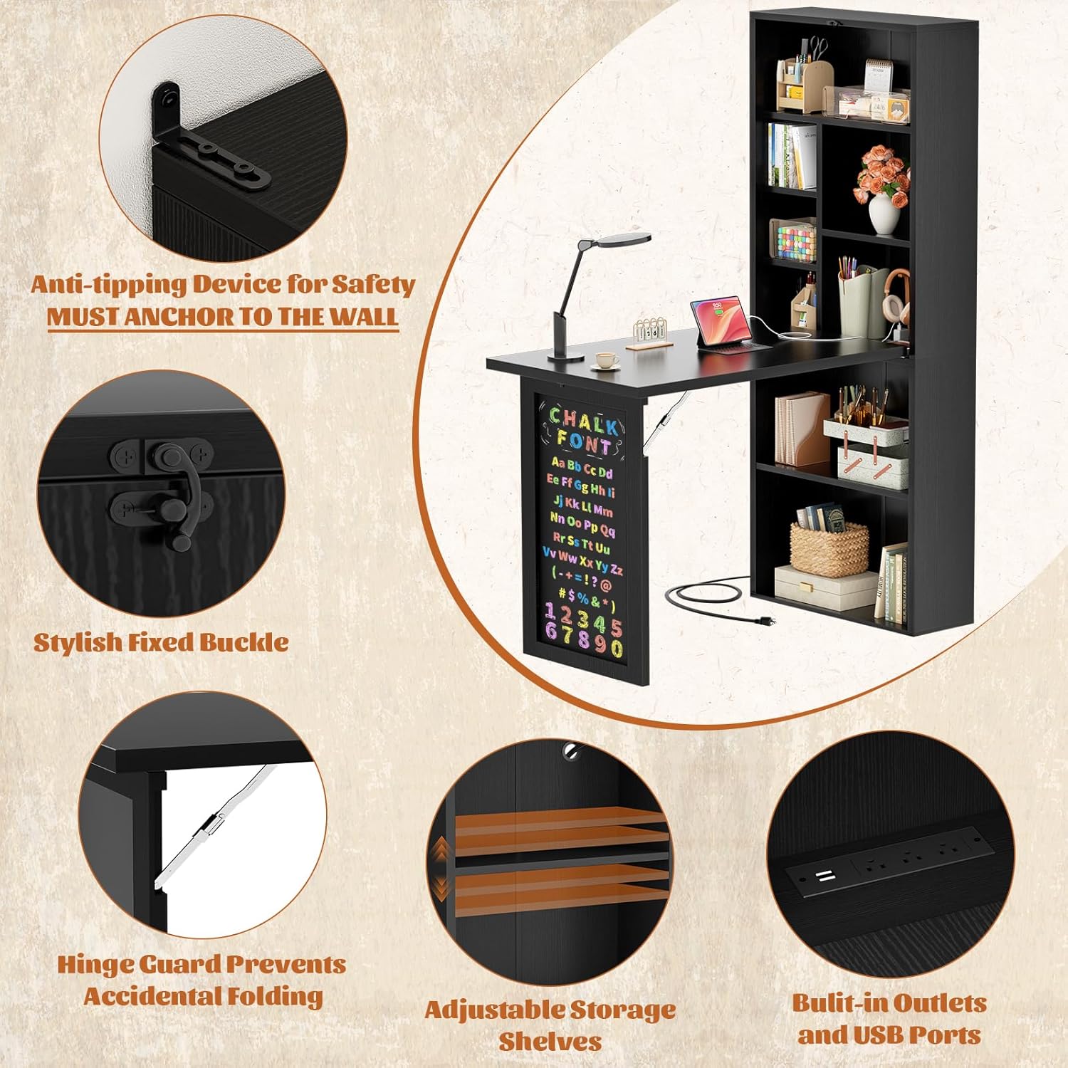 Armocity Small Folding Desk with Outlets, Convertible Writing Desk for Small Spaces/Home Office/Craft Room, Multi-Function Desk Workstation with Blackboard, Fold-Out Cabinet Table, Black