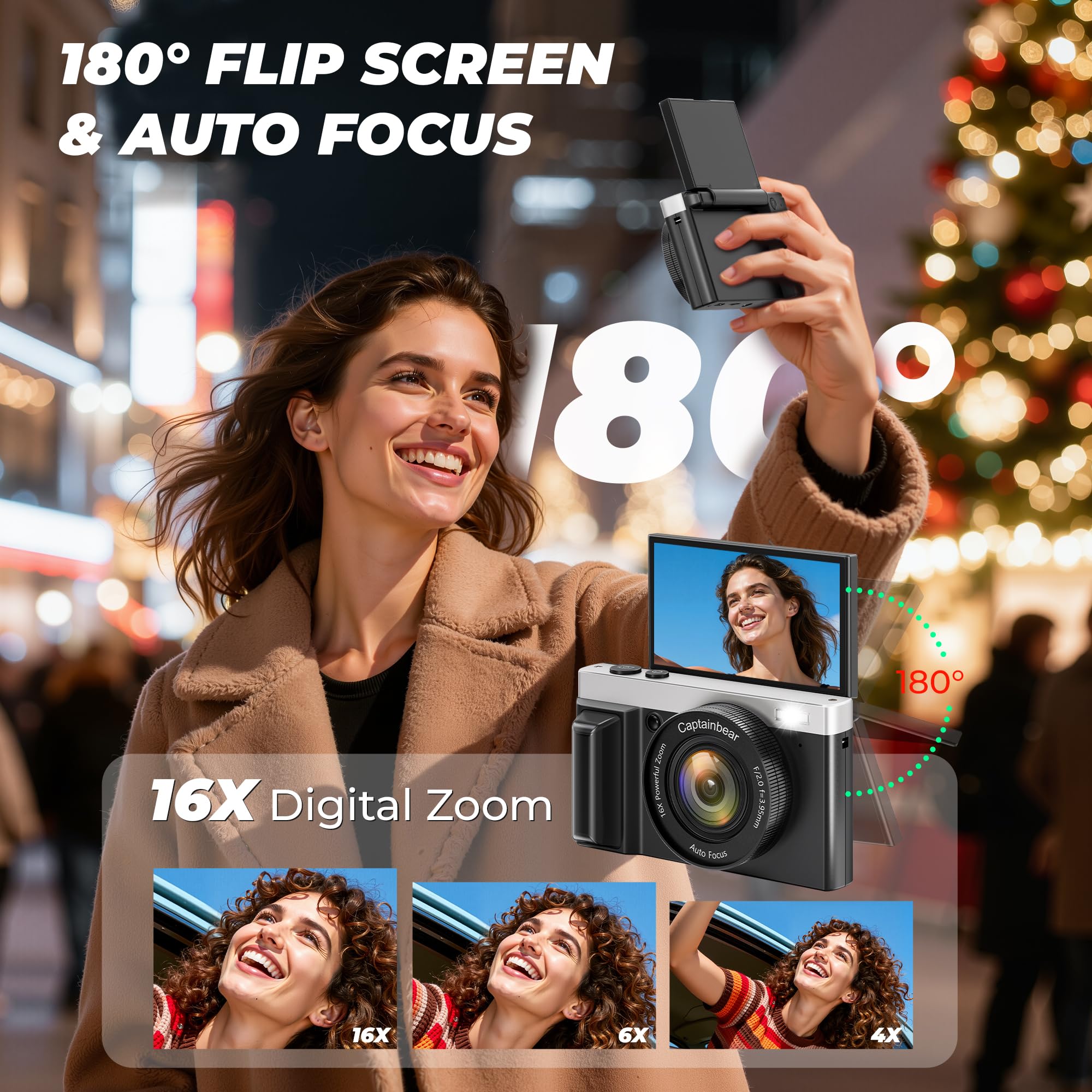 Cámara digital 4K, cámaras de 64 MP para fotografía con zoom digital de 16X, cámara de vlogging de enfoque automático para YouTube, cámara de viaje compacta con pantalla abatible de 180° de 3 pulgadas