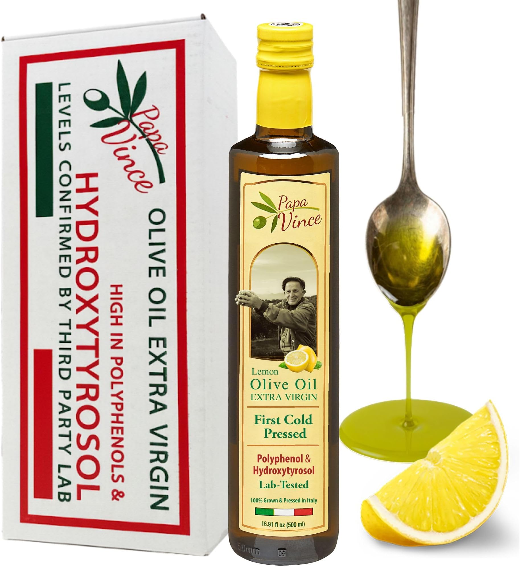 Papa Vince Olive Oil Extra Virgin - First Cold Pressed, Polyphenol Rich Olive Oil (EVOO). Lemon Agrumato, Unfiltered, Single Sourced, Glass Bottle, Family made, Sicily, Italy