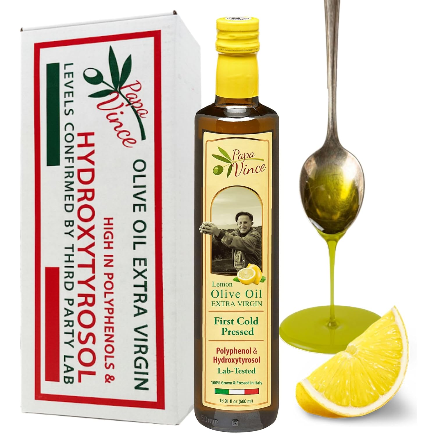 Papa Vince Olive Oil Extra Virgin - First Cold Pressed, Polyphenol Rich Olive Oil (EVOO). Lemon Agrumato, Unfiltered, Single Sourced, Glass Bottle, Family made, Sicily, Italy