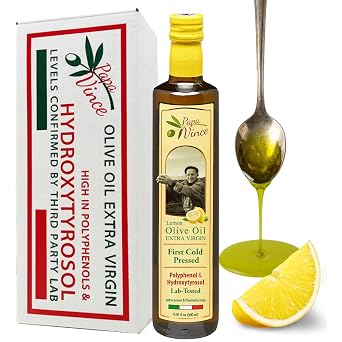Papa Vince Olive Oil Extra Virgin - First Cold Pressed, Polyphenol Rich Olive Oil EVOO. Lemon Agrumato, Unfiltered, Single Sourced, Glass Bottle, Family made, Sicily, Italy
