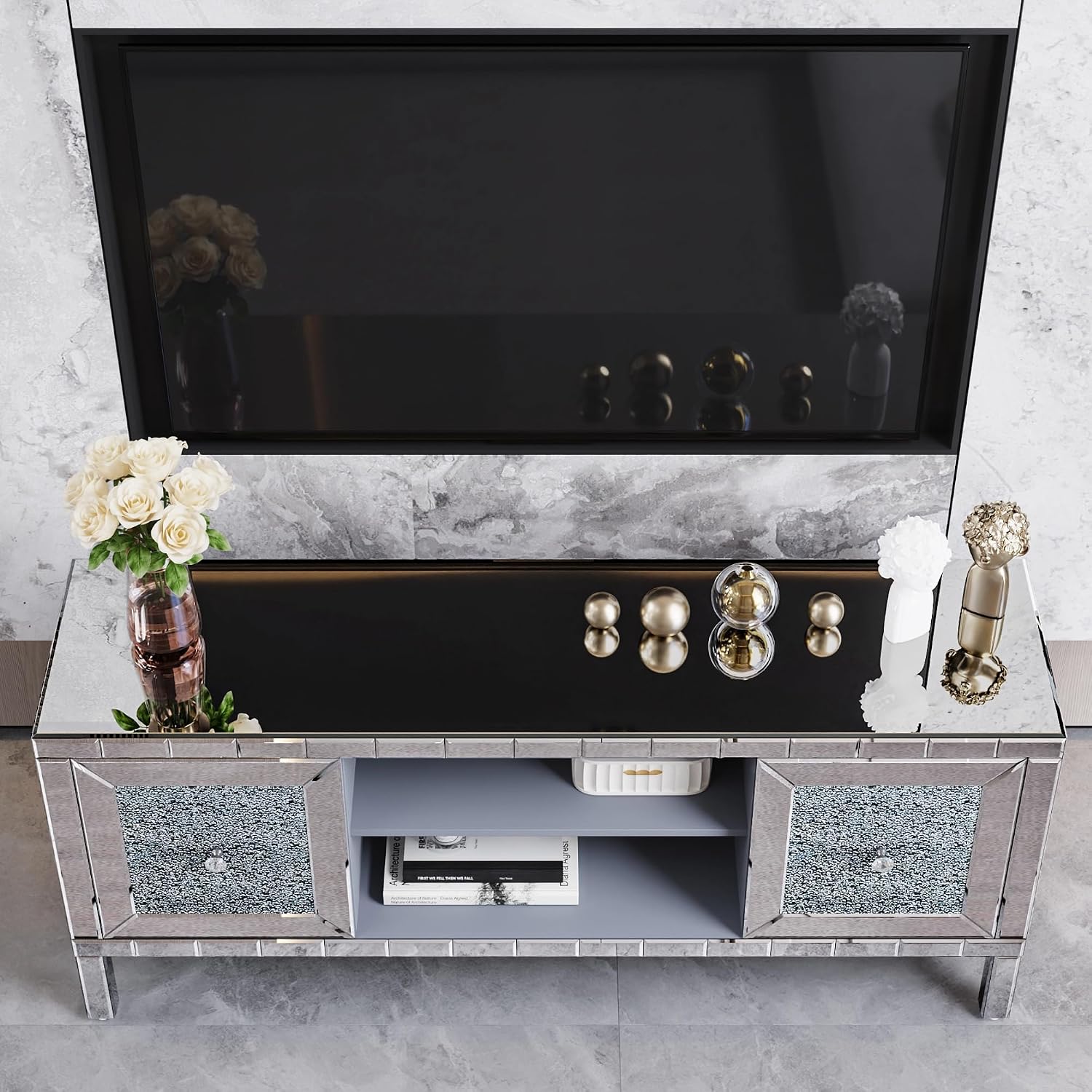 60" Mirrored TV Stand with Crushed Diamond Glass Doors - Modern Media Entertainment Center for Living Room, Adjustable Storage TV Console Table for 65-Inch TV,Silver