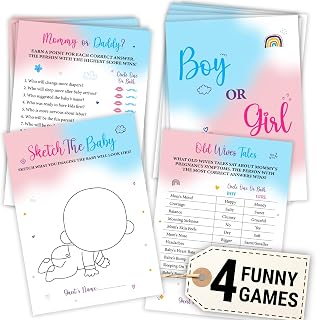 Woodamore Baby Gender Reveal Games, 4 Games 50 Cards 5x7, Blue and Pink