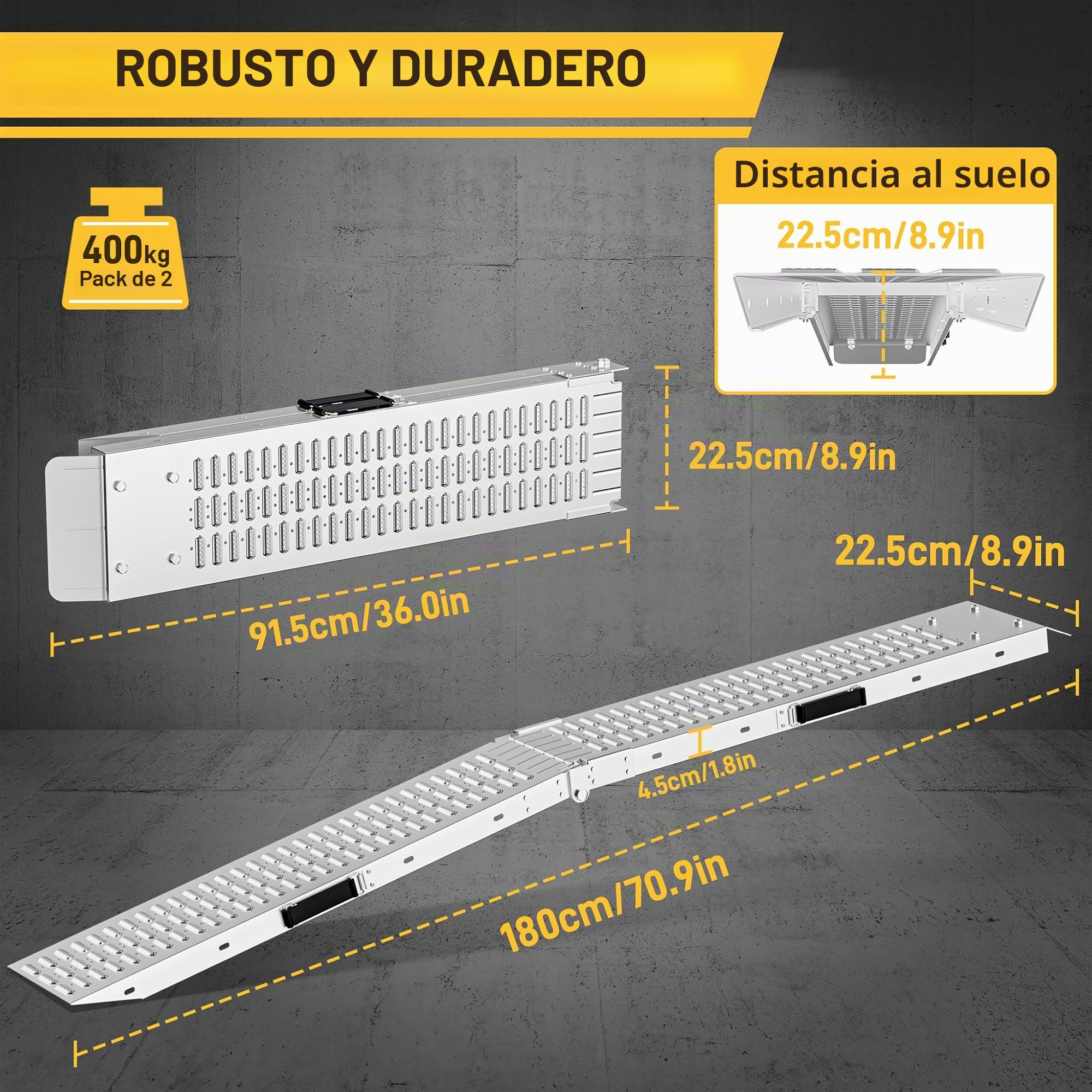 LZQ 2 rampas plegables de carga de máx. 400 kg/par para moto y rampa de acceso 180 x 22,5 x 4,5 cm por pieza para motocicleta, ATV, quad, coche