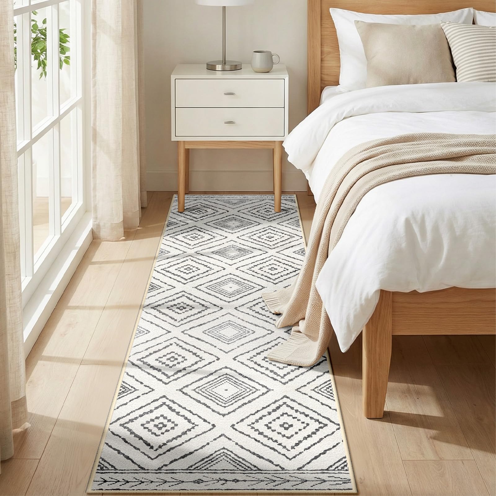 Teppich Läufer Flur 60 x 300 cm, rutschfest Küchenläufer, Kurzflor Teppichläufer, Waschbar, Faltbar, Boho Design – für Flur, Küche, Wohnzimmer & Büro, Schwarz-Weiß