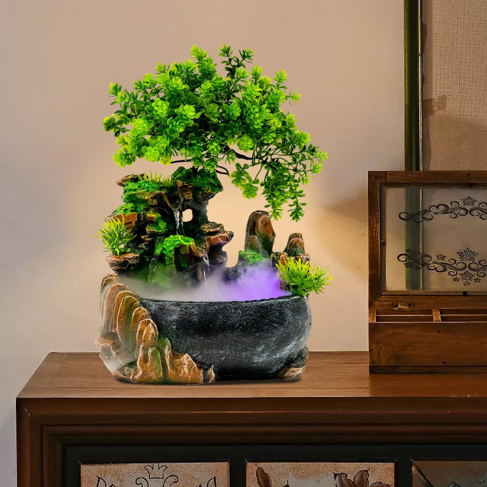 Fontaine de Table,Decorative Fontaines d'intérieur avec atomisation,Couleur Changeante LED,Maison, Bureau,Idéal Méditation et Détent,Cadeau de Noël