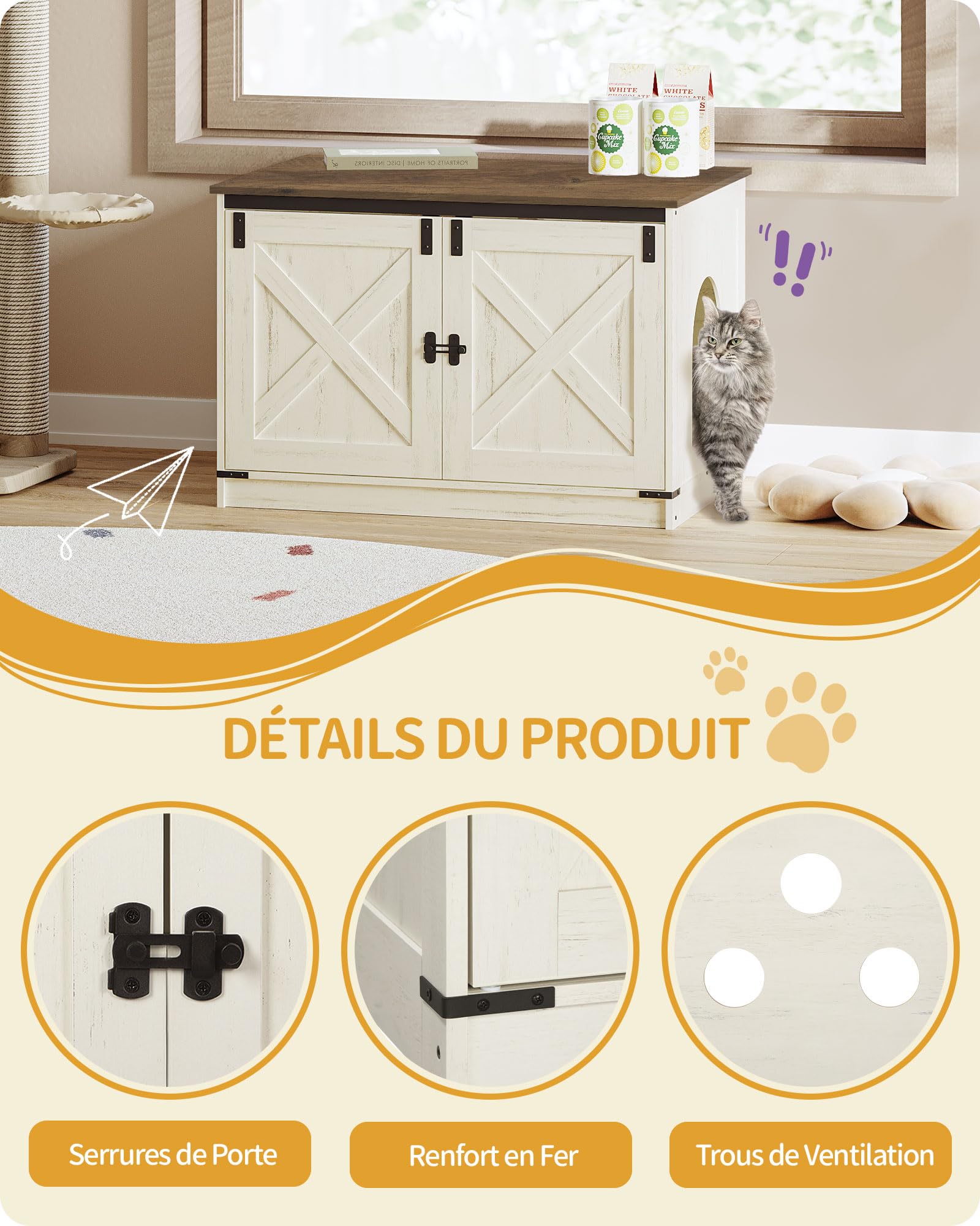 Hzuaneri Maison de Toilette Chat, Meuble Litiere Chat, Meuble à Litière avec Cloison Amovible, Maison pour Chats, Entrée Réversible à Gauche ou à Droite, 80 x 50 x 54 cm, Marron et Blanc CB86614X