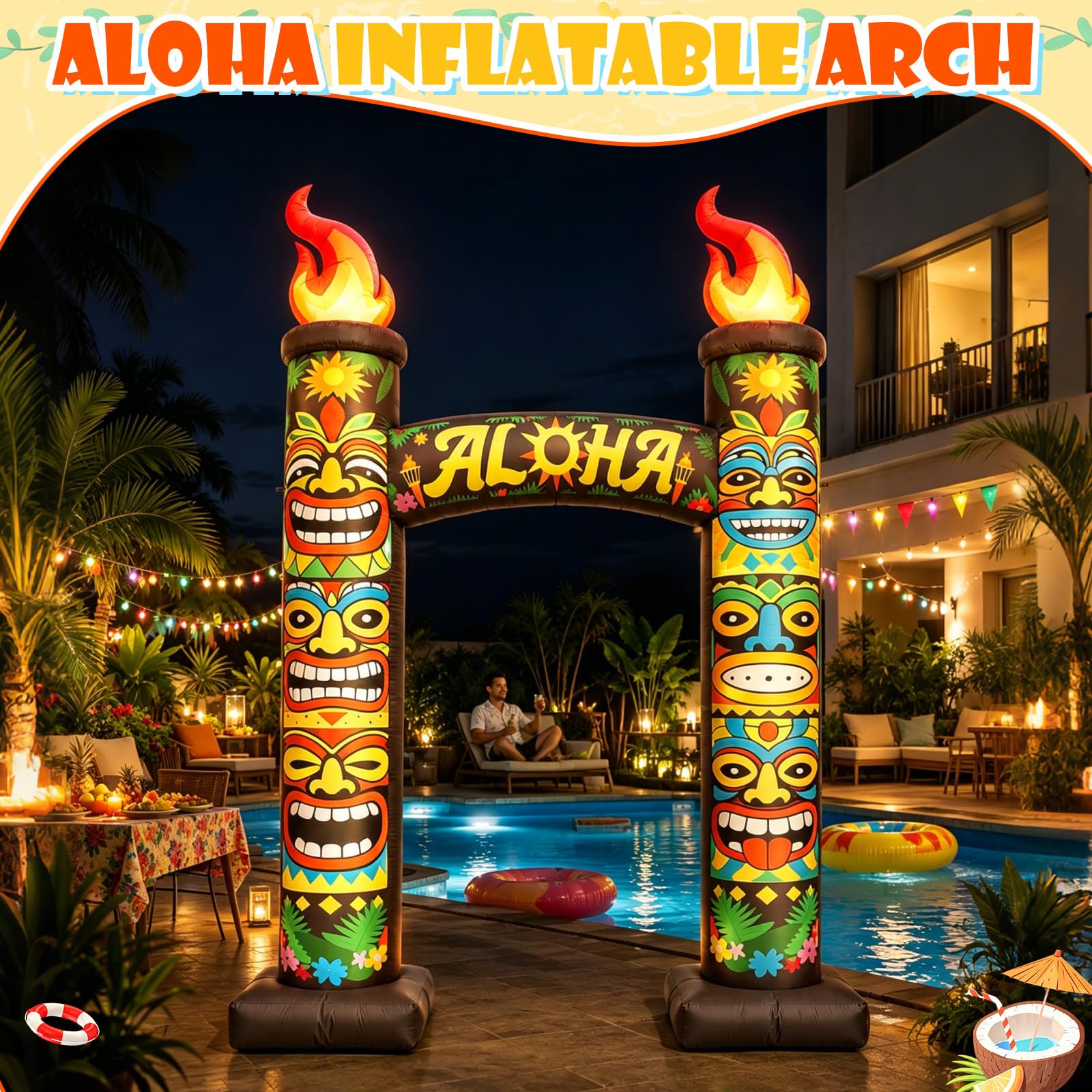 Arche gonflable d'été Tiki de 3 m, décoration d'extérieur géante Aloha Luau avec 6 lumières LED intégrées pour plage, bar, fête d'anniversaire, piscine, terrasse, événement