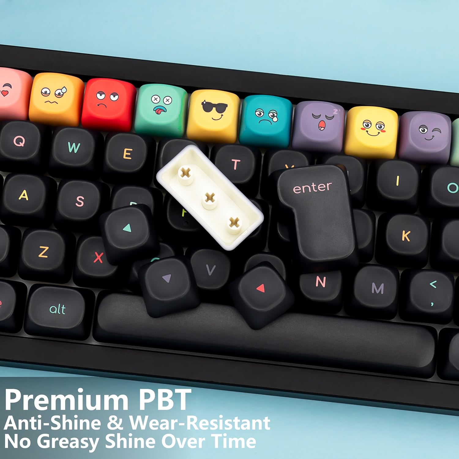 MOA Profile PBT Keycaps - 125 Keys Rainbow Emoji Theme Black Keycap Set, Dye-Sublimation, Cute Anime Theme for Most 60% 65% 75% 80% 100% US Layout Cherry MX Switches Mechanical Keyboard