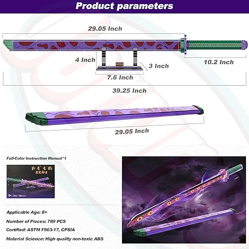Miniatura 6 de Espada Demon Slayer compatible con Lego, bloque de construcción de espada Kokushibo de 39 pulgadas con vaina y soporte, juego de construcción de