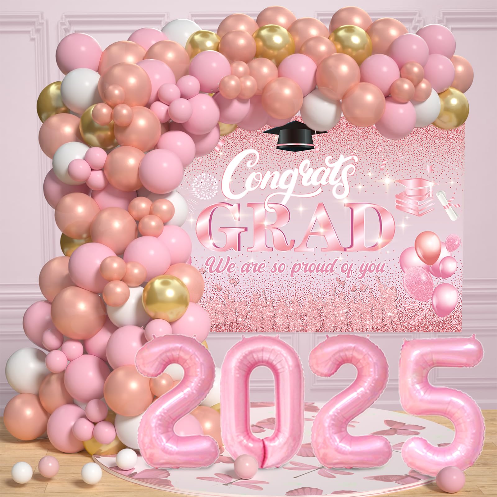 Pink Graduation Decorations Class Of 2025 - Graduation Balloon Arch Kit With Pink Rose Gold Balloons, Grad Backdrop, 2025 Foil Balloons For Girls High