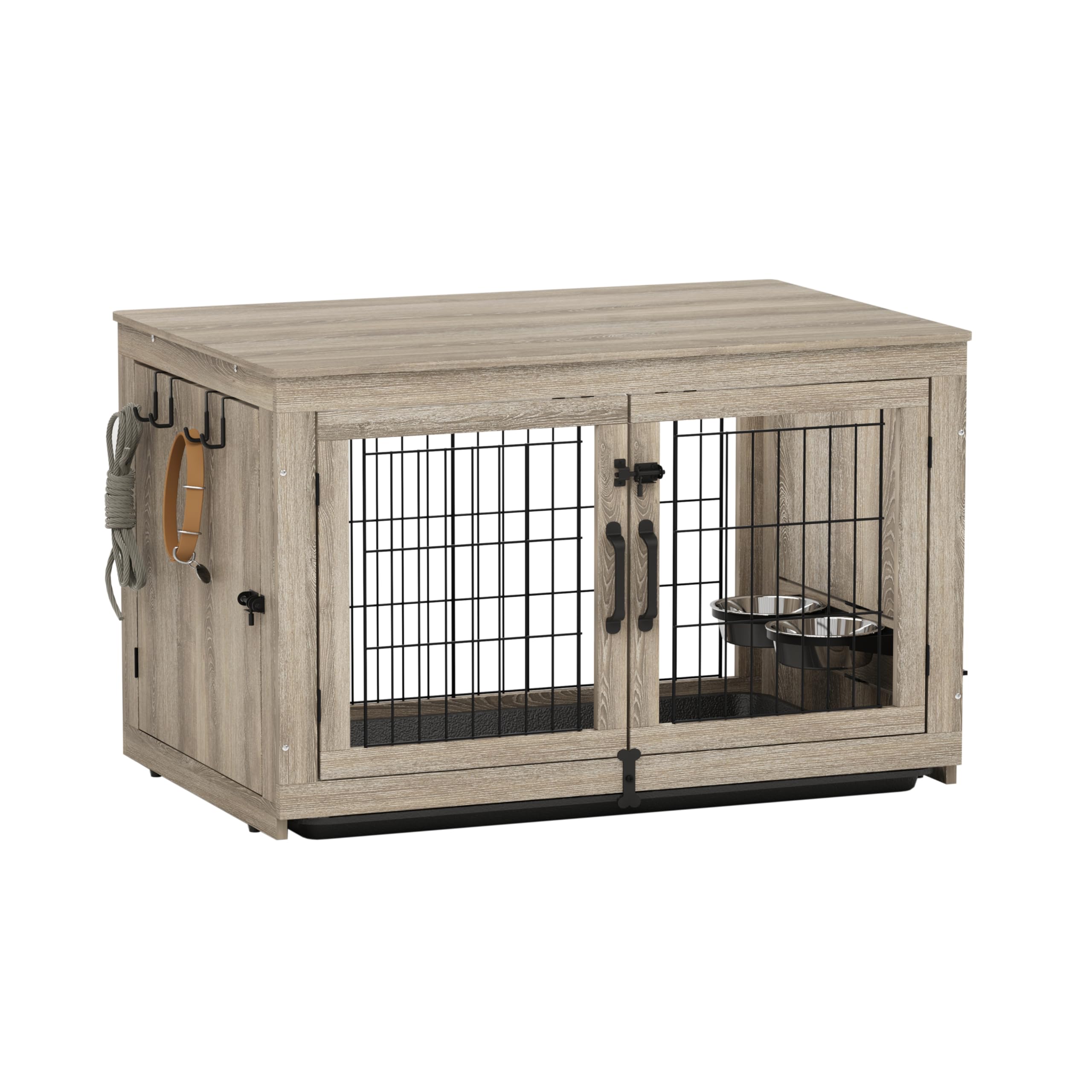 Piskyet Wooden Dog Crate Furniture with 360°Rotatable Removable Dog Bowls, Dog Crate End Table with Tray, Double Doors Dog Kennels for Dogs(L:37.7" L*25.1" W*26.1" H, Gray)