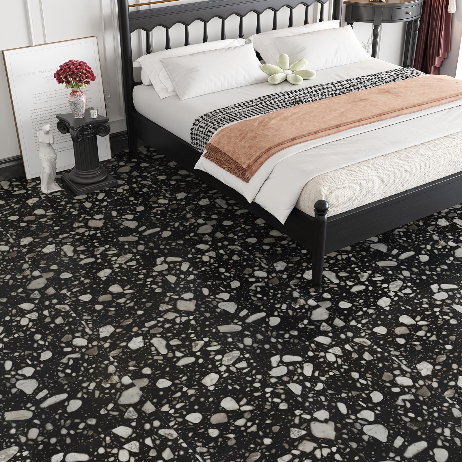 VEELIKE PVC Bodenbelag Terrazzo Schwarz PVC Fliesen Selbstklebend Vinylboden Granit Schwarz Fliesenaufkleber Bodenfliesen Küchen PVC Fliesen Garage Wohnzimmer Schlafzimmer 1.5mm 30cm×30cm 24 Stück