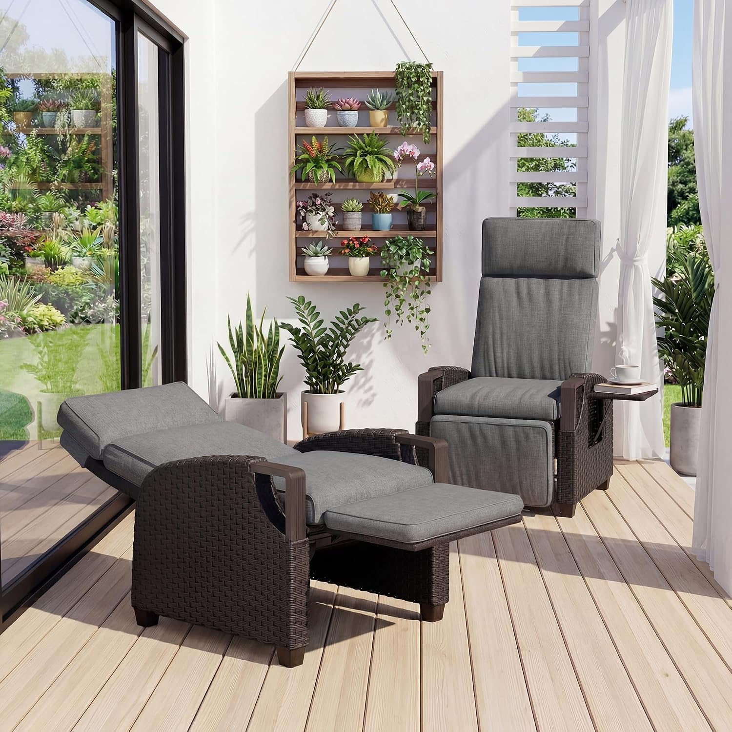  Outdoor Recliner with Independent Adjustable Back and Footrest, Air Pump 150° Lay Flat Reclining Chair Removable Olefin Cushion Flip-Up Table Wicker Creamy White 1PC