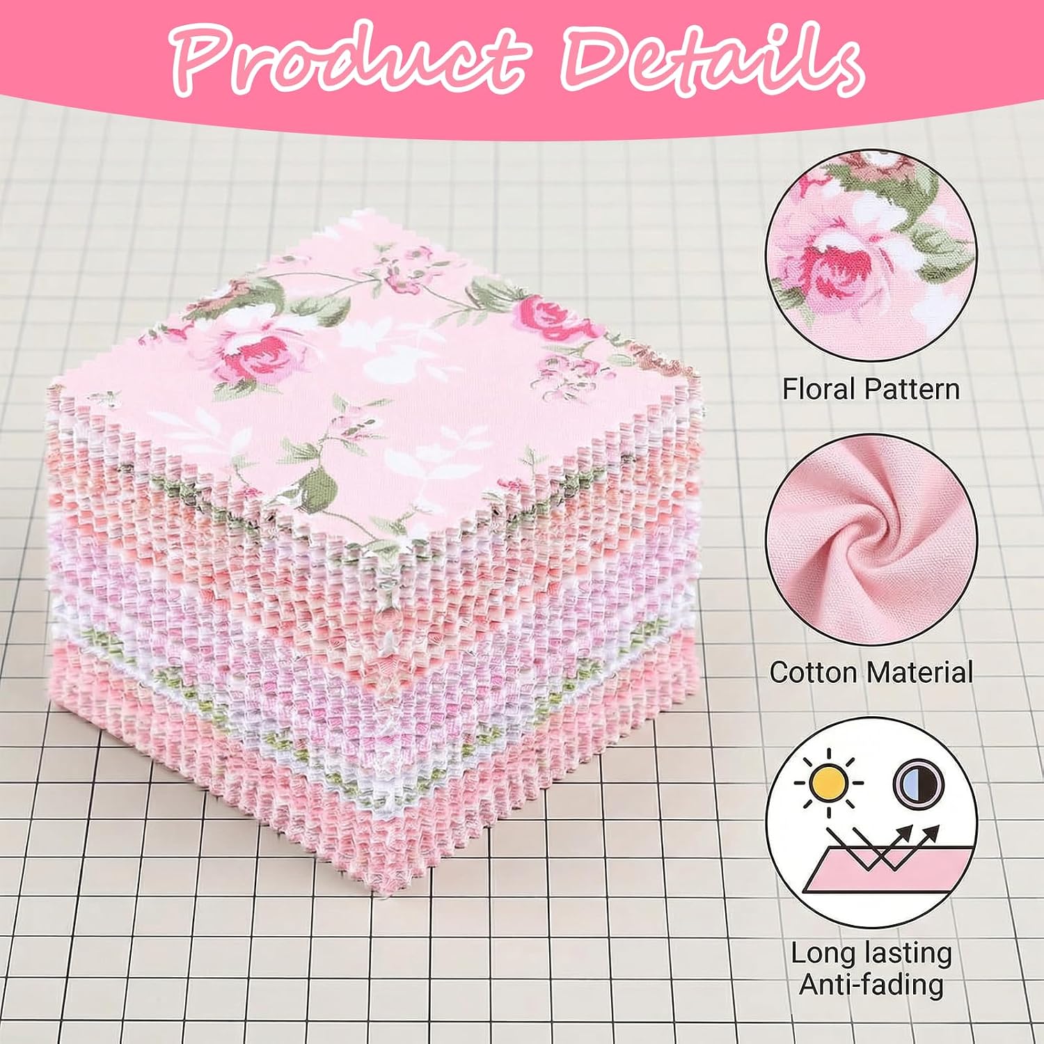 56PCS 5 Inch Charm Packs for Quilting, Pink Cotton Fabric Squares Precut Fabric Squares Charm Packs for Quilting Floral Patchwork Pink Cotton Fabrics for Sewing Patchwork DIY Craft