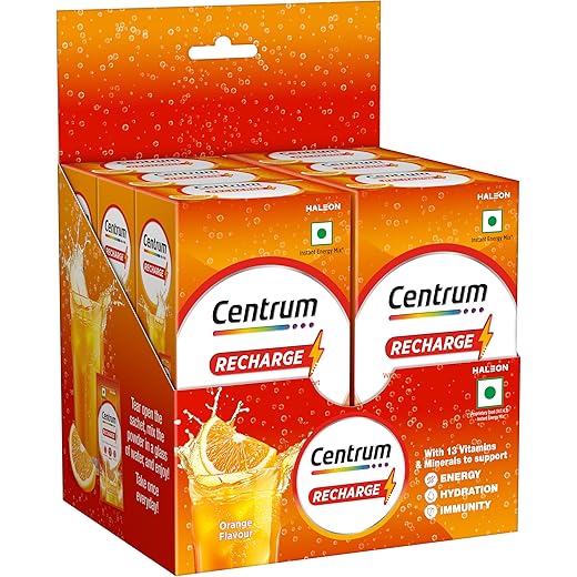 Centrum Recharge: Instant Energy Mix with No Added Sugar for Energy, Immunity, Hydration - Anytime, Anywhere!! - ORANGE FLAVOUR - Pack of 36 sachets