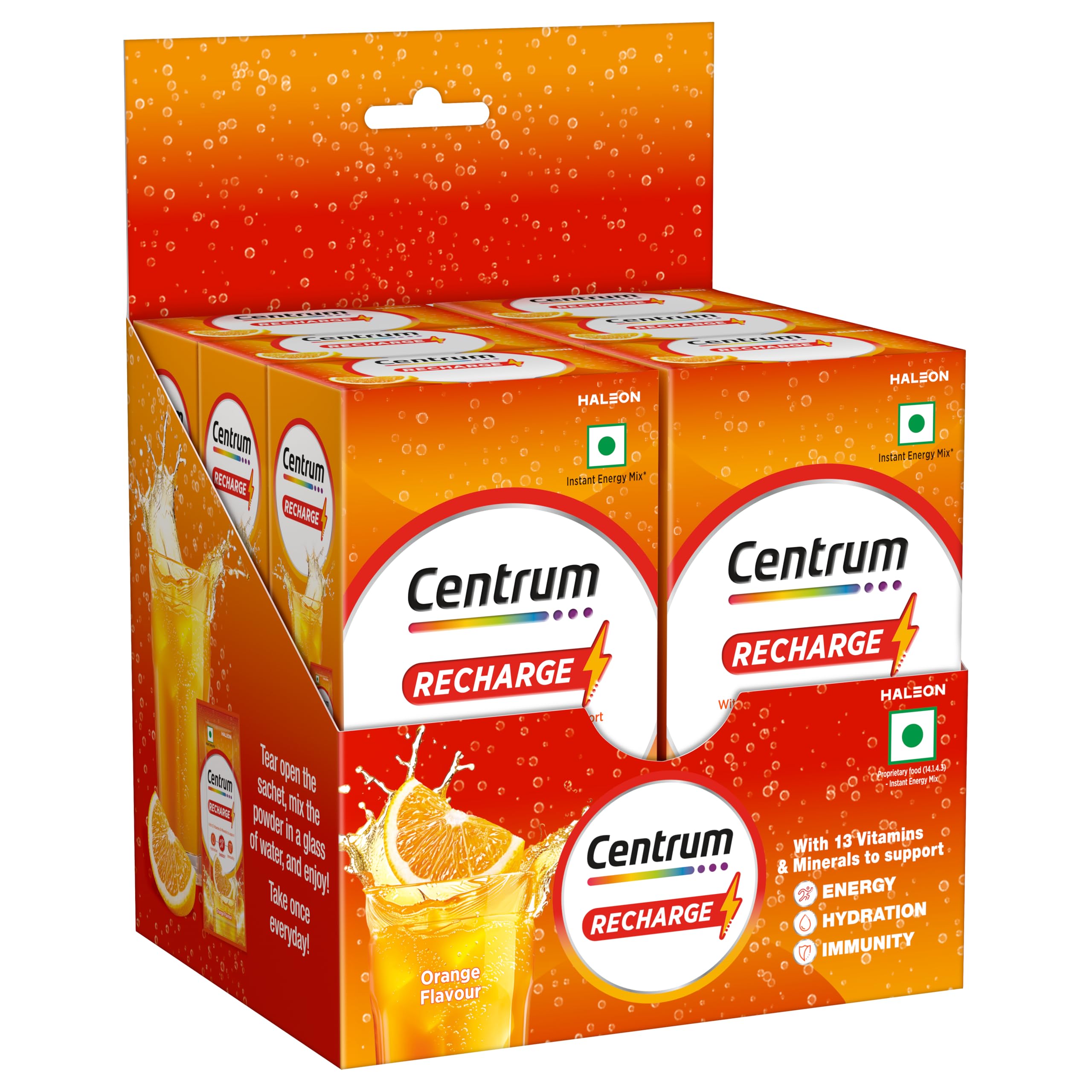 Centrum Recharge: Instant Energy Mix with No Added Sugar for Energy, Immunity, Hydration - Anytime, Anywhere!! - ORANGE FLAVOUR - Pack of 36 sachets-image-19