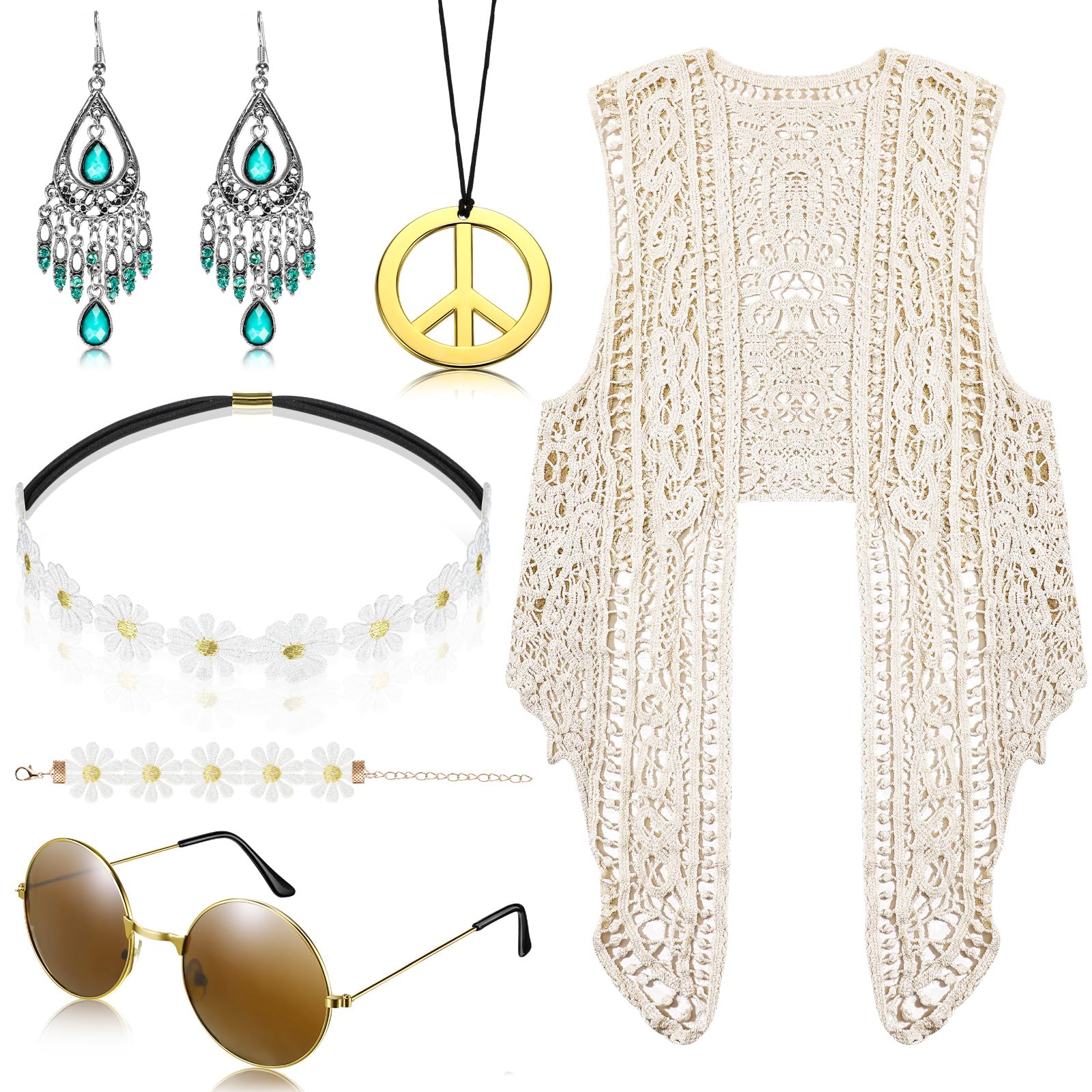 Neer6 Pcs Women Hippie Costume Set 60s 70s Hippie Sunglasses Irregular Boho Vest Blouse Peace Sign Necklace Boho Earrings Flower Crown Headband Bracelet for Summer Outfits