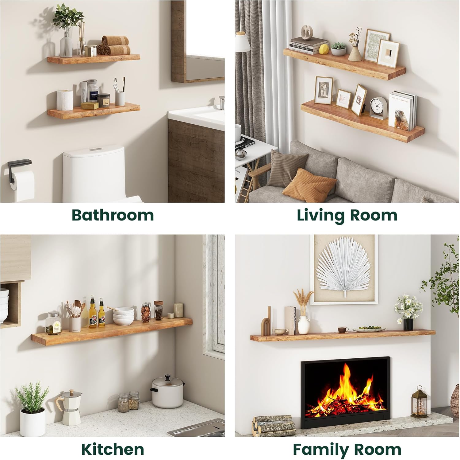 72 Inch Live Edge Floating Shelves, 8 Inch Deep Solid Elm Wood Wall Shelf, Heavy-Duty Wall Mounted Shelf with Invisible Brackets for Living Room, Bathroom, Kitchen, Set of 1, Natural Color