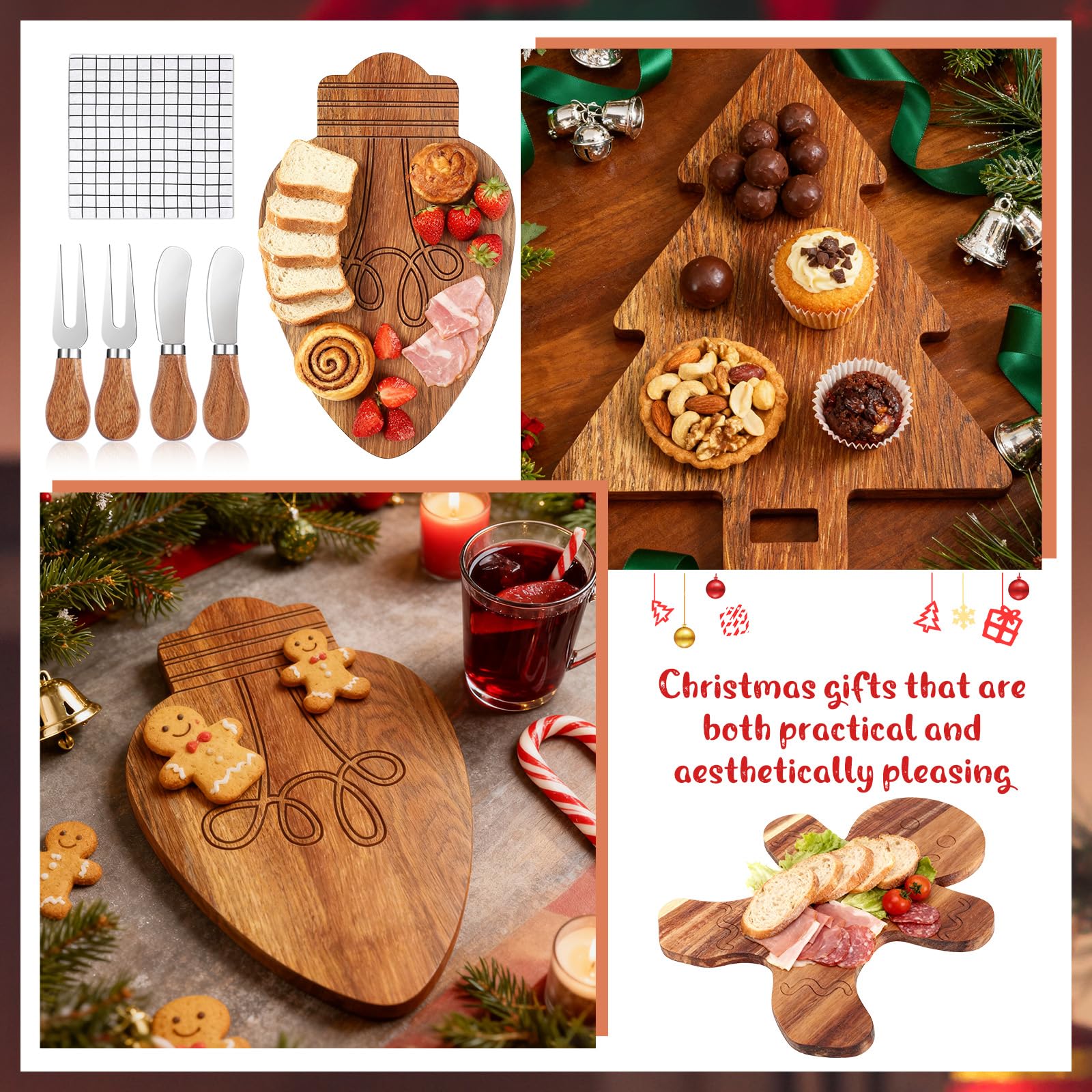 18-teiliges Set Weihnachtsgeschenke Brautdusche Gastgeschenk Weihnachten Süßigkeiten Schneeflocke Akazie Holz Schneidebrett Geschenkset Käsemesser Mini Käsebrett Weihnachtsanhänger für Winter Home