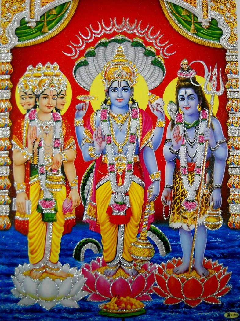 Crafts of IndiaBrahma Vishnu Mahesh/Hindu God Poster with Glitter-reprint on paper (Unframed : Size 12"X16" Inches)