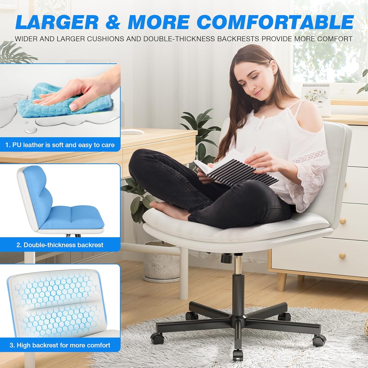 Rfiver Ergonomic Armless Criss Cross Chair with Height Adjustable and Swivel, Wide & Thickened Cushion Cross Legged Vanity Chair, Comfortable PU Leather Desk Chair for Computer Task and Make Up, White