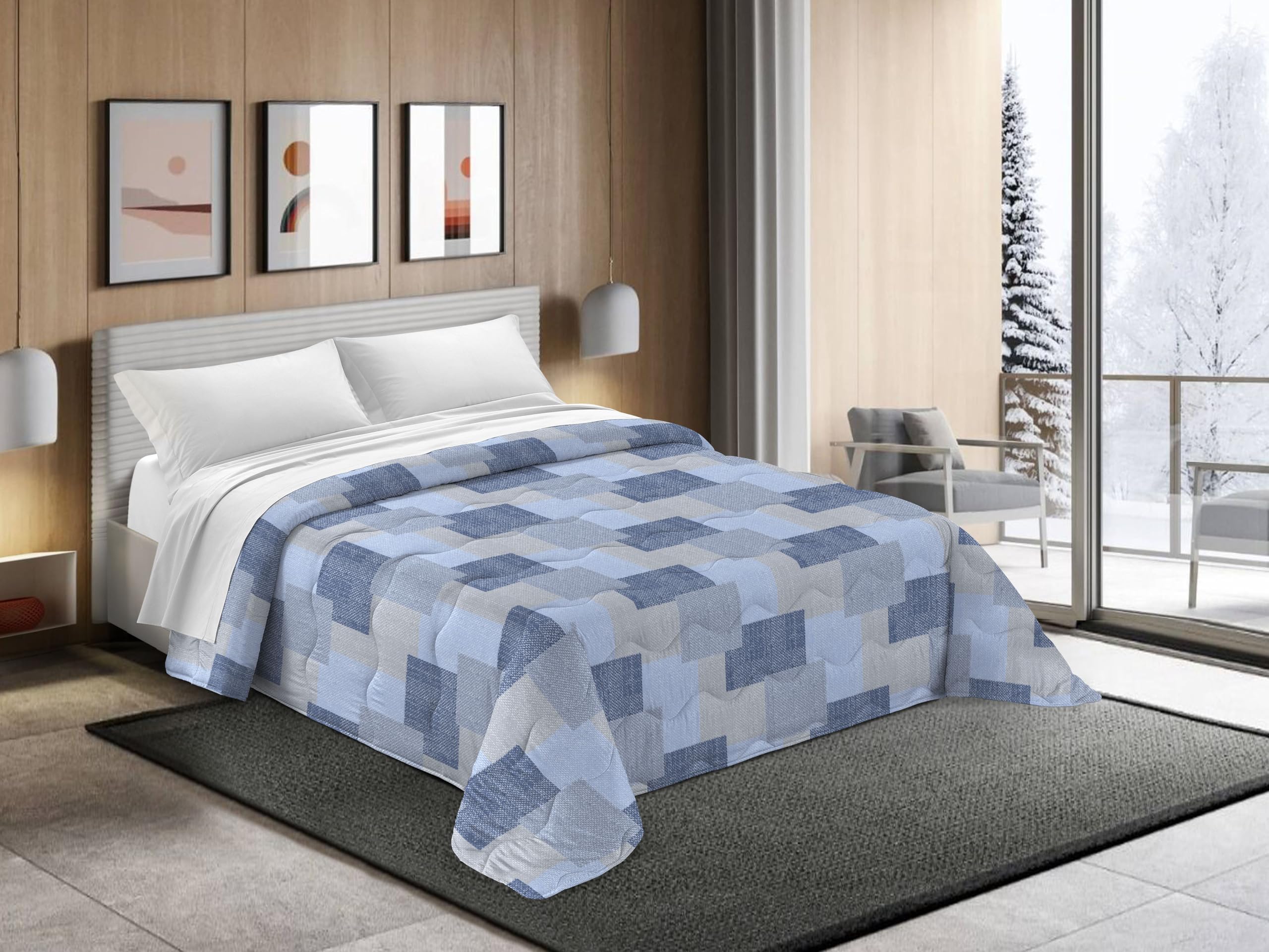 Tata Home Trapunta Invernale Matrimoniale Imbottita 300 gr/mq Caldo Piumone Misura 260x260 cm Fantasia Mosaico Moderno Made in Italy Colore Blu Azzurro