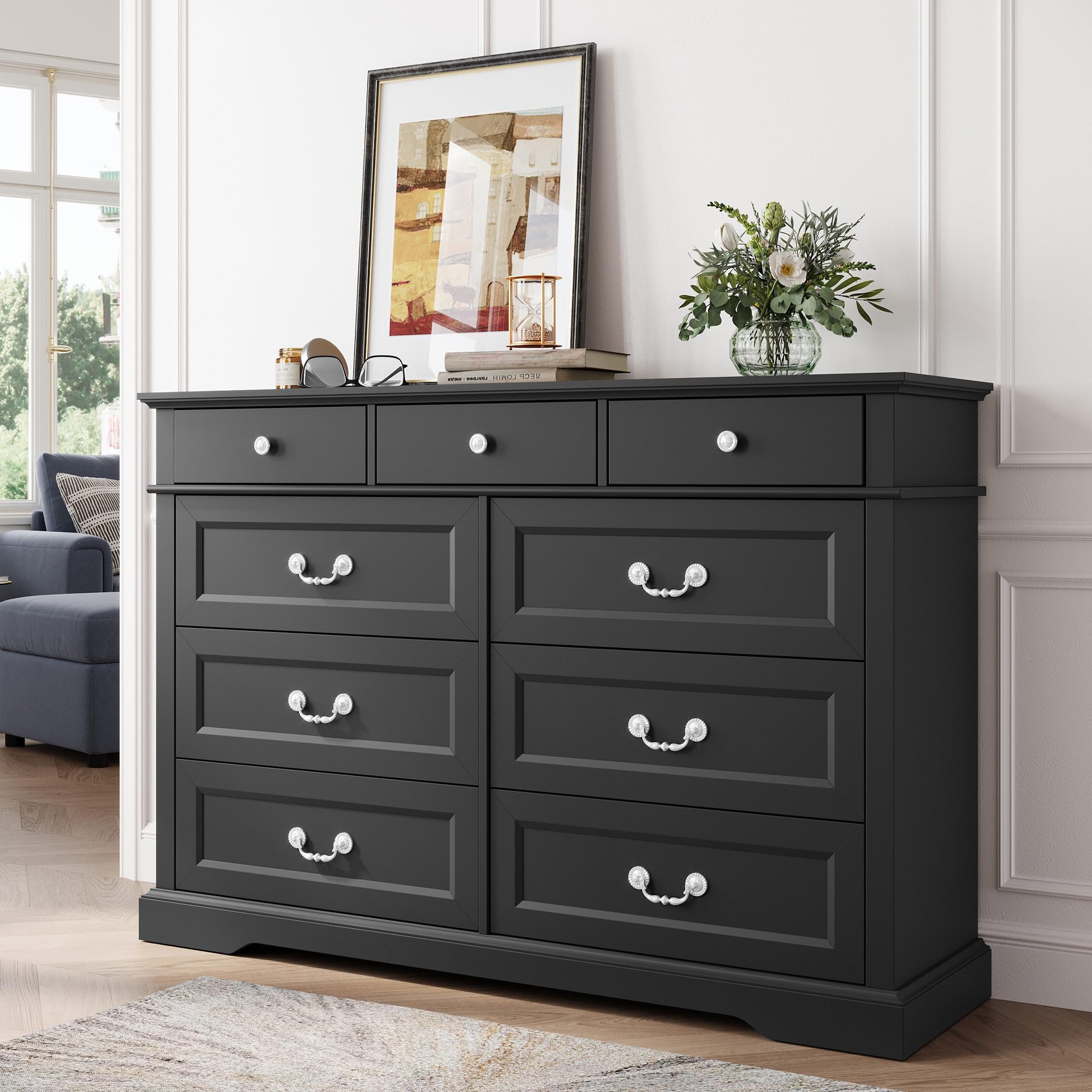 LINSY Wood Dresser Chest, Chest With 9 Drawers, Dressers Organizer for Bed Room Living Room, Closet, Hallway, Nursery, Black Color, size 135.8L*39.8W*93.4H cm