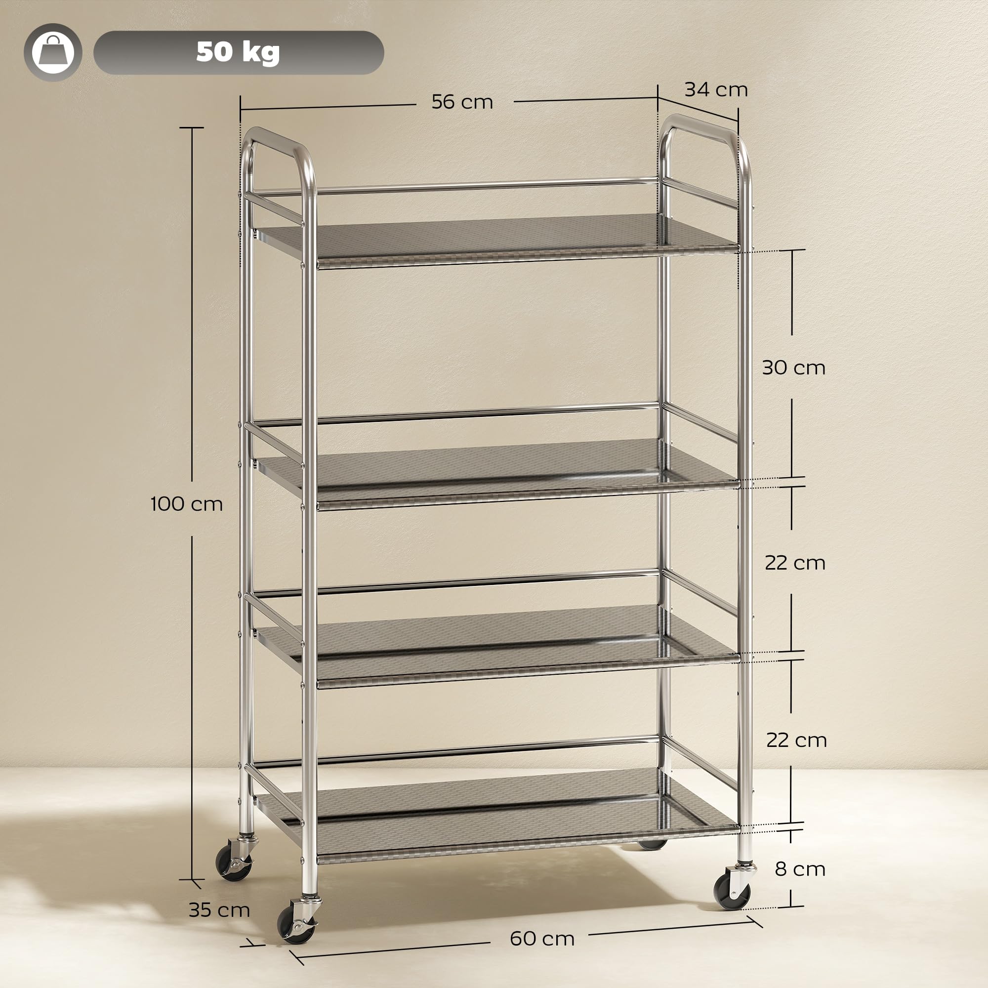 HOMCOM Carrello da Cucina a 4 Livelli con 2 Ripiani Regolabili e Bordi Rialzati, Carrello Cucina Salvaspazio in Acciaio Inox 201 con 4 Ruote e 2 Freni, 60x35x100 cm, Argento