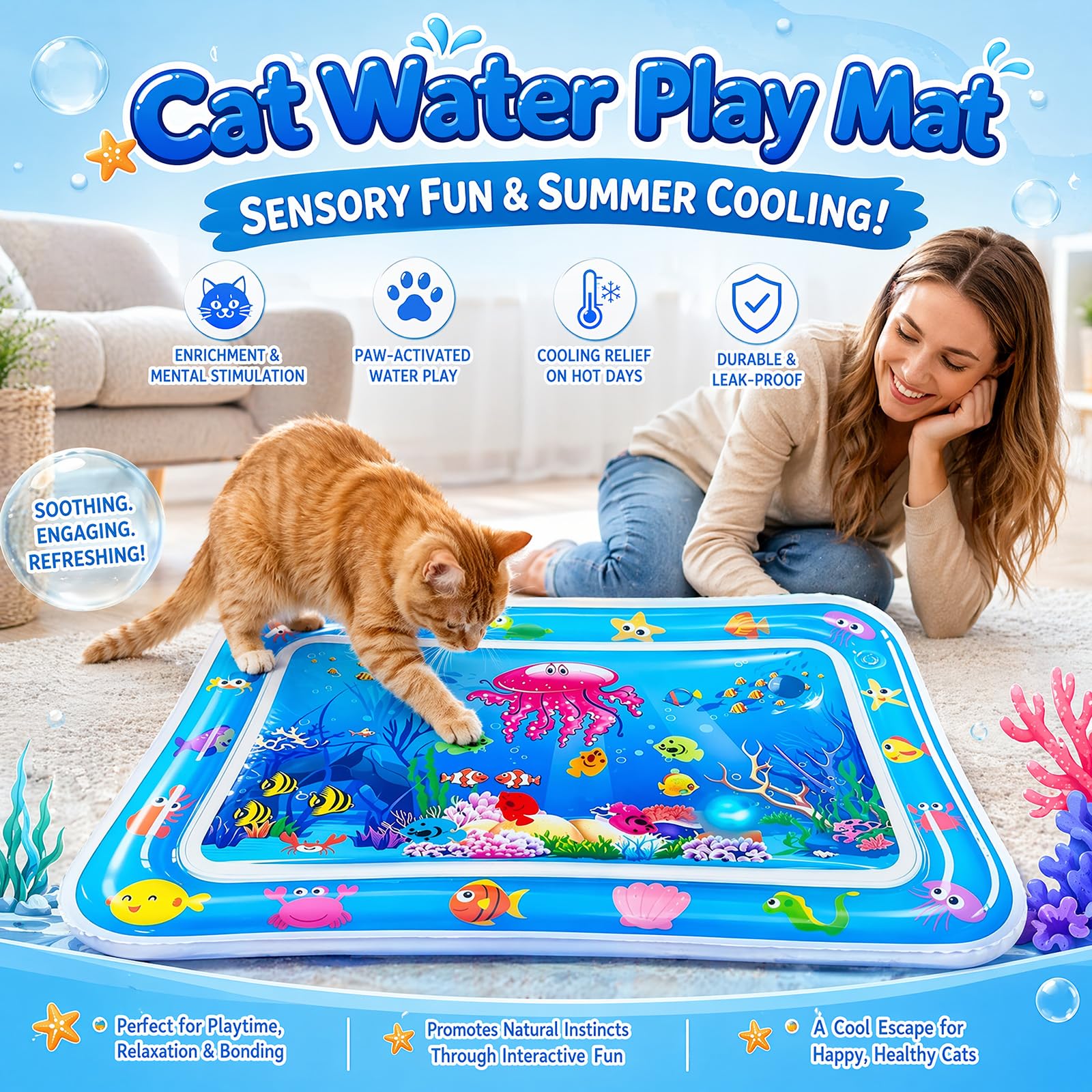 Wassermatte Katze, Wasserspielmatte Katze Hund, Verdickte PVC Katzen Kühlmatte mit Fischen & LED-Licht, Interaktives Katzenspielzeug Selbstbeschäftigung für Langeweile 60x40CM