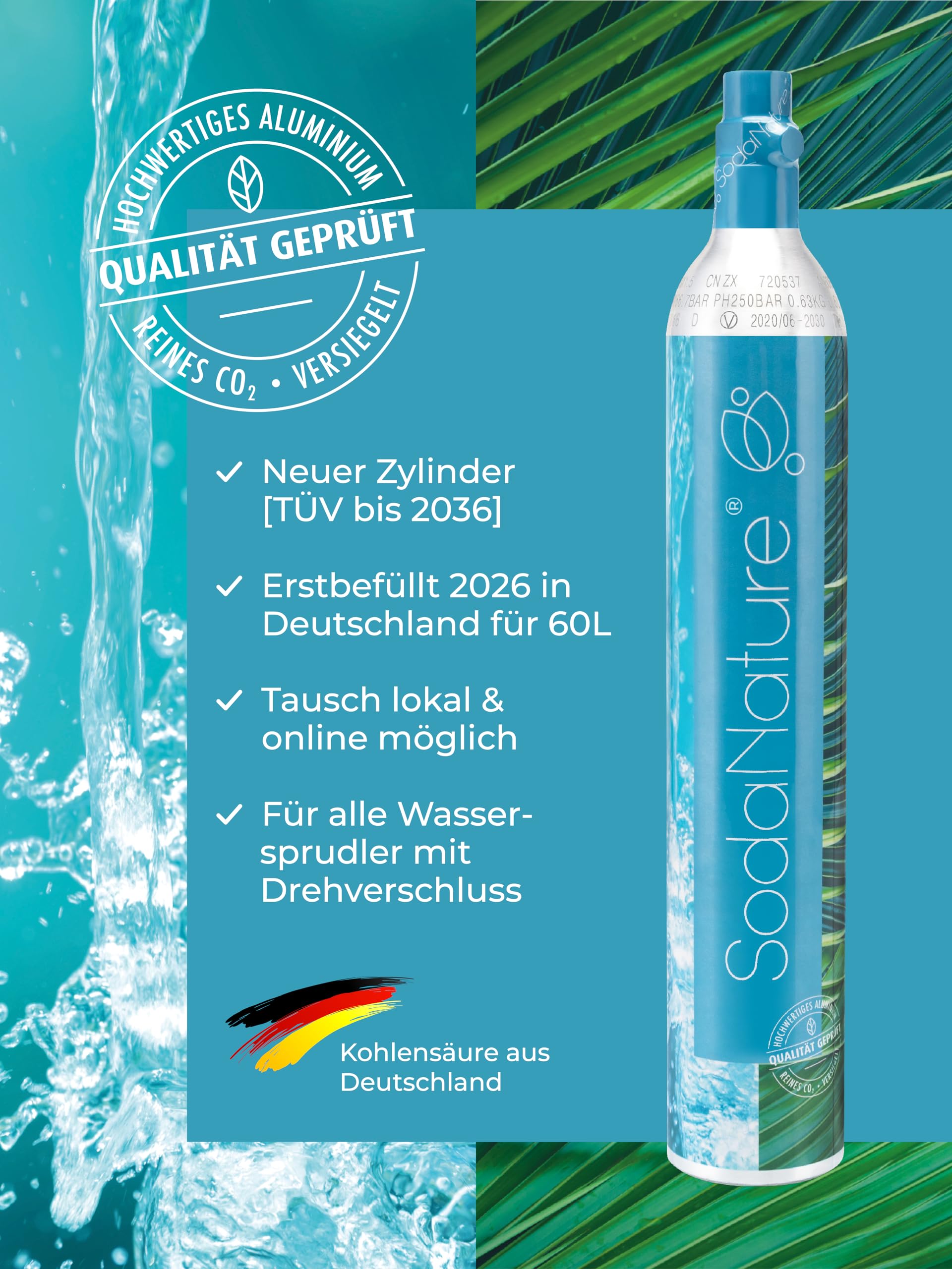 2x Premium 60L CO2 Zylinder für SodaStream (außer QC), Aarke etc. | Neu & Erstbefüllt in Deutschland | Natürliche Kohlensäure für 2x 60L | TÜV bis 2035 [425g]