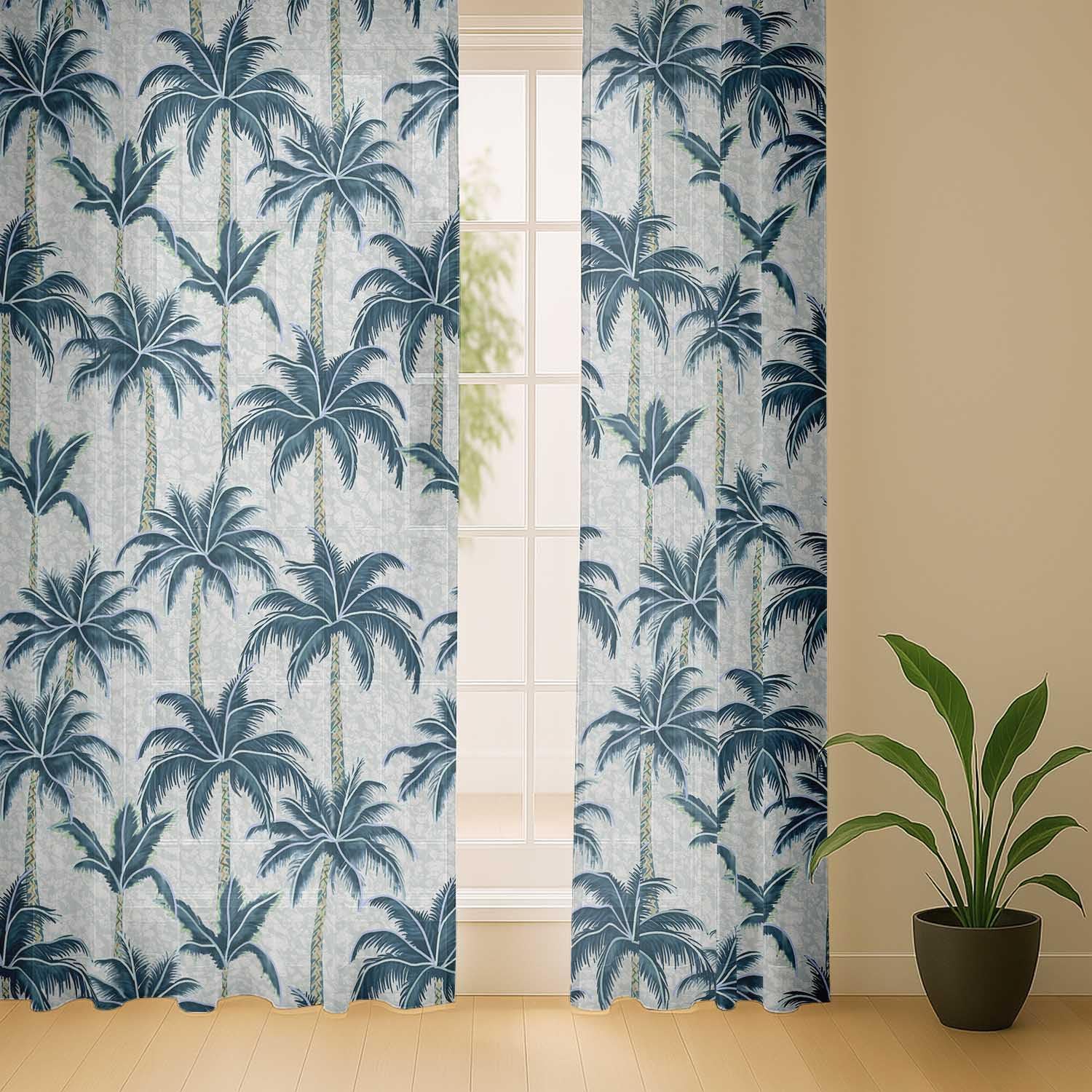 Palm Tree Print Sheer Curtains for Short Windows - Set of 2 Panels, 63", Grommet Top, Printed Georgette, Light Filtering Drapes for Kitchen or Bedroom