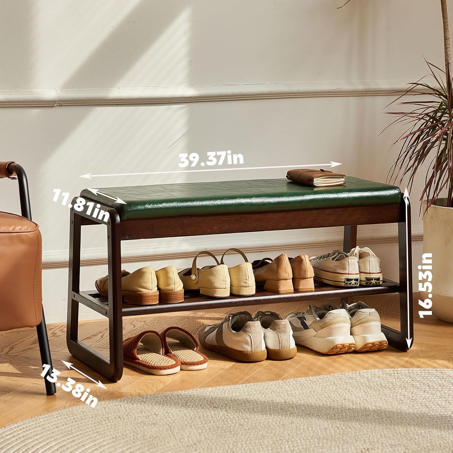 Shoe Rack Bench,2 Tier Wooden Entryway Bench,Solid Wood Shoe Bench with Cushion for Living Room Hallway Bedroom(Green, 39.4''L)