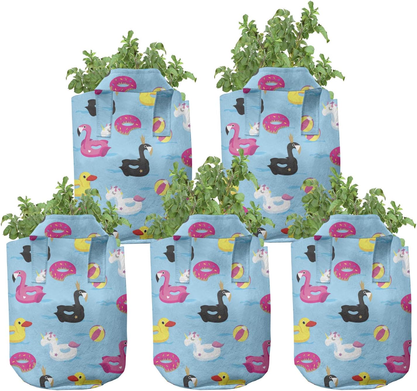 Ambesonne Summer Grow Bags 5-Pack, Duck Flamingo and Unicorn, Heavyduty Fabric Pots with Handles for Plants, Multicolor