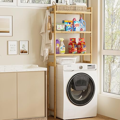 Miniatura 18 de AMBIRD Almacenamiento sobre el inodoro, organizador de baño de 3 niveles sobre el inodoro con estantes de bambú resistentes, estante de inodoro