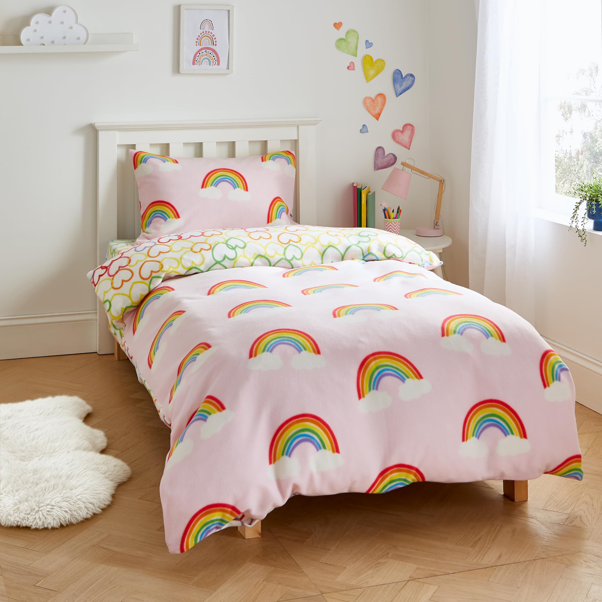 Catherine Lansfield Rainbow Hearts Cosy Fleece Reversible Junior Duvet Cover Set with Pillowcases Pink