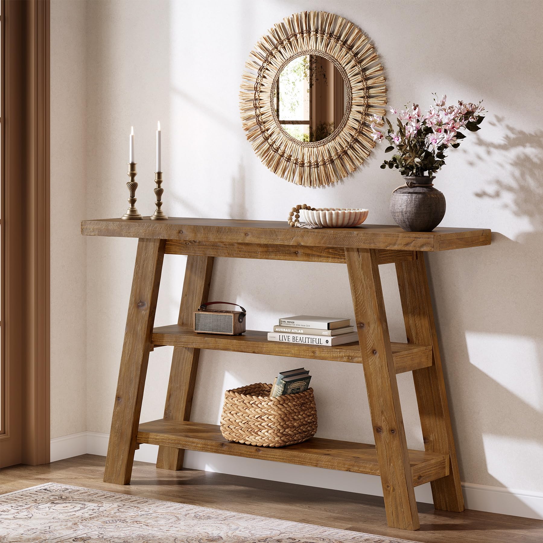 Massivholz-Konsolentisch, 120 cm langer Landhaus-Eingangstisch mit 3-stufigen Regalen, rechteckige Couch-Tische hinter dem Sofa, schmale Akzenttische für Flur, Eingang, Foyer, Wohnzimmer (Braun)