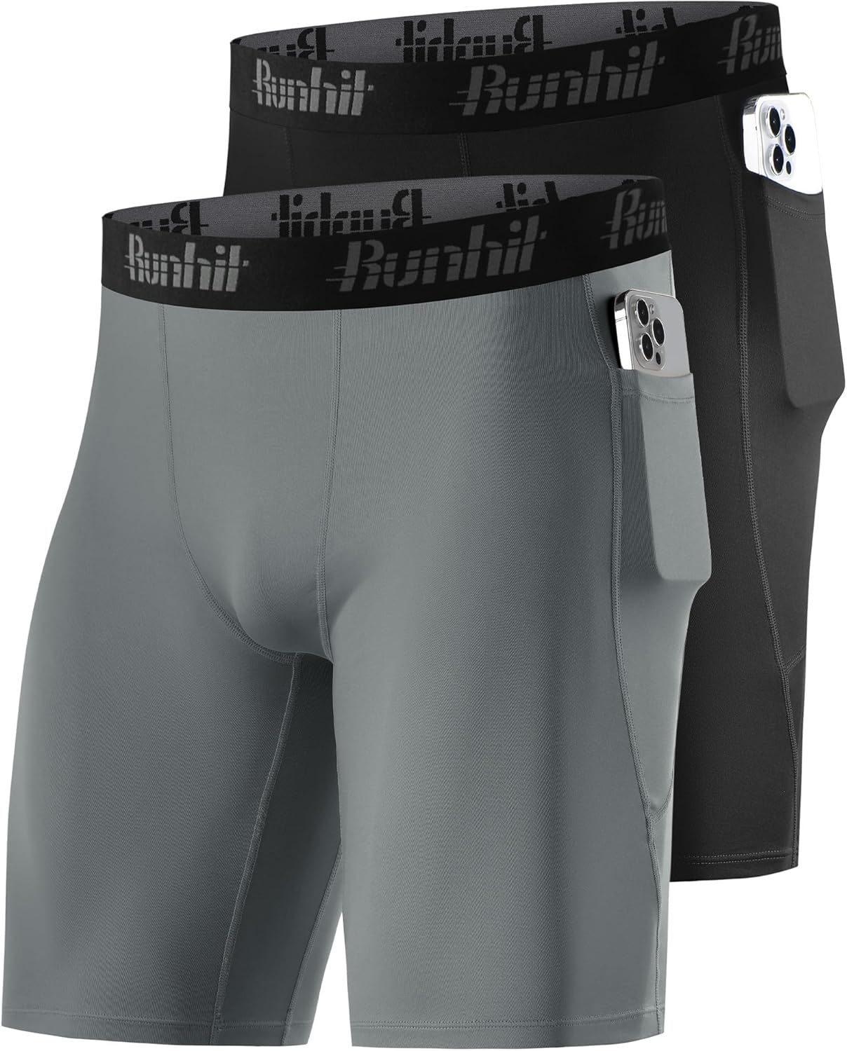 Runhit 2 Pack Mens Compression Shorts with Pockets 9" Performance Spandex Underwear Sport Athletic Workout Running Base Layer