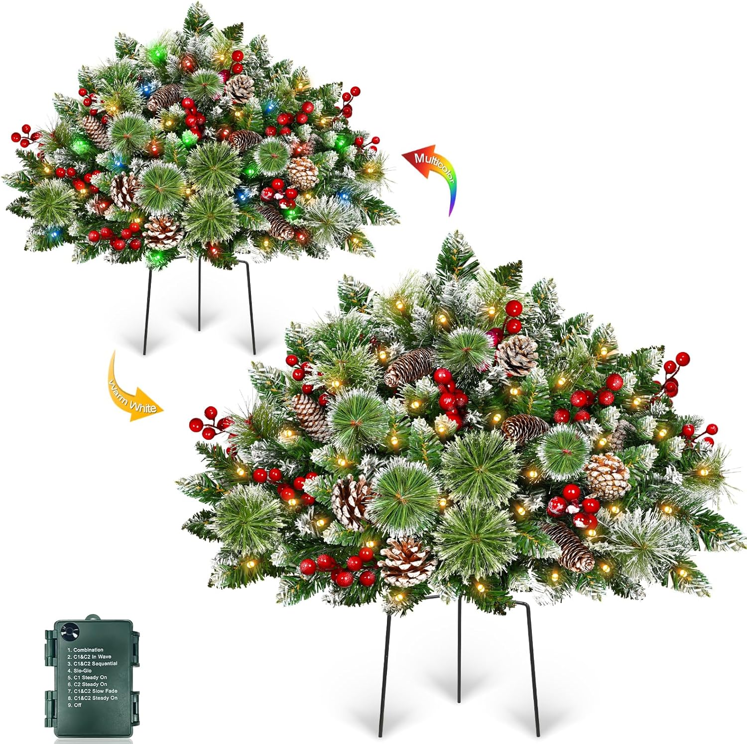 Timer - 2 Pack 24" Lighted Outdoor Christmas Tree Urn Fillers, Warm White&Colorful Changing Lights 8 Modes Snowy Pinecone Red Berries Battery Operated Tripod Stake Holiday Planters Pathway Yard Decor Style A
