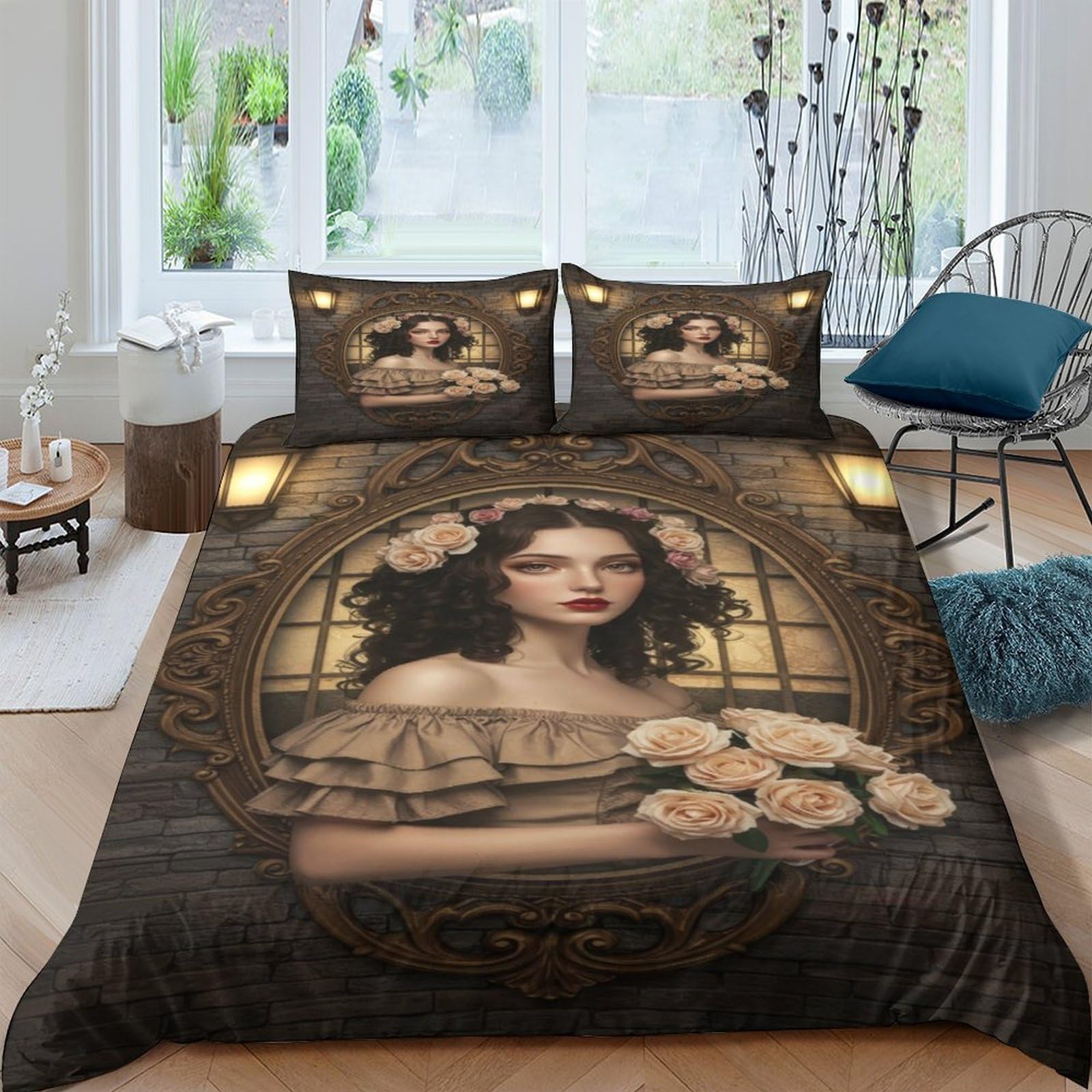 Ctjqhvkz Style-2 3D Printed Vintage Portrait Fitted Sheet Microfiber Soft Floral Bed Cover For Bedroom Dorm Artistic Mattress Decor Single（135X200cm）