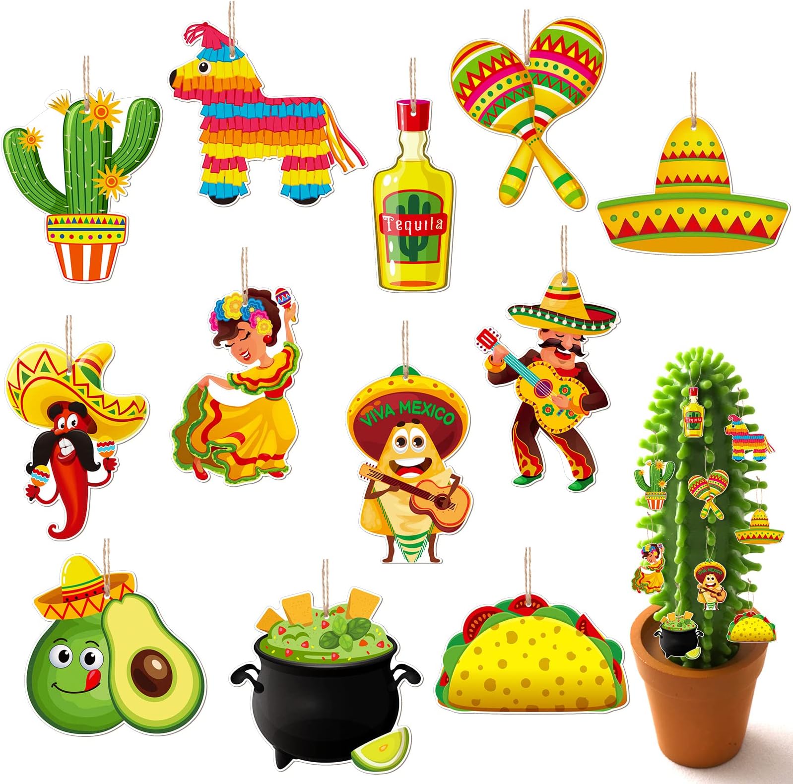Wooden Mexican Ornaments Cinco De Mayo Tree Ornaments Christmas Hanging Decor Pinata Sign for Christmas Tree Xmas Fiesta Party Decorations Outdoor Indoor