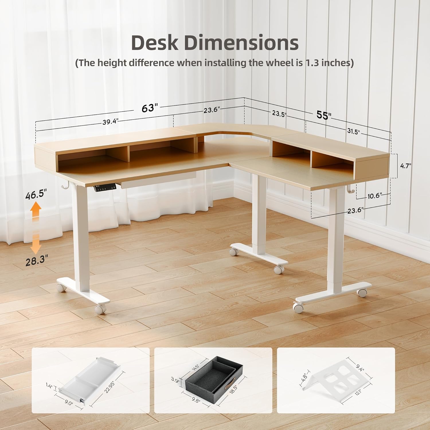 YDN Dual Motor 63" L Shaped Standing Desk with Drawers, Electric Height Adjustable Standing Desk with Monitor Stand & Splice Board, White Frame/Nature Top