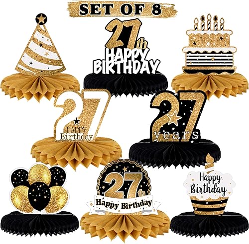 Miniatura 15 de LINGTEER Decoración feliz 50 cumpleaños negro y dorado de papel para mesa - Juego de centros de mesa con estrella de pastel y globo, 8 piezas