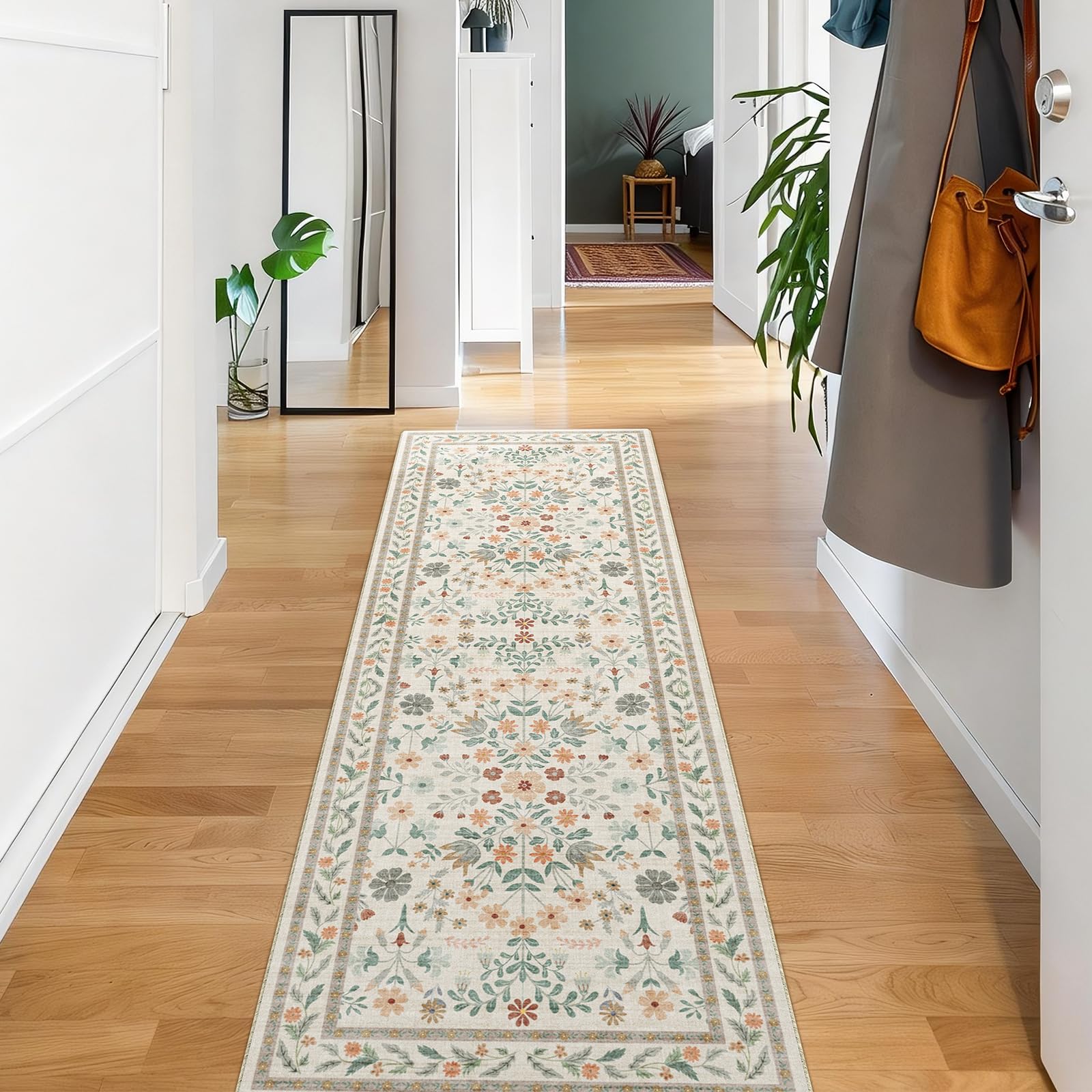 BYBSRLL Rugs Living Room 60x180cm, Vintage Floral Rug, Washable Rug & Non-Slip Low Pile Carpet, Soft Boho Large Rugs, Garden Runner Rug for Bedroom, Kitchen, Entryway, Hallway, Dinning Room, Beige — image 1