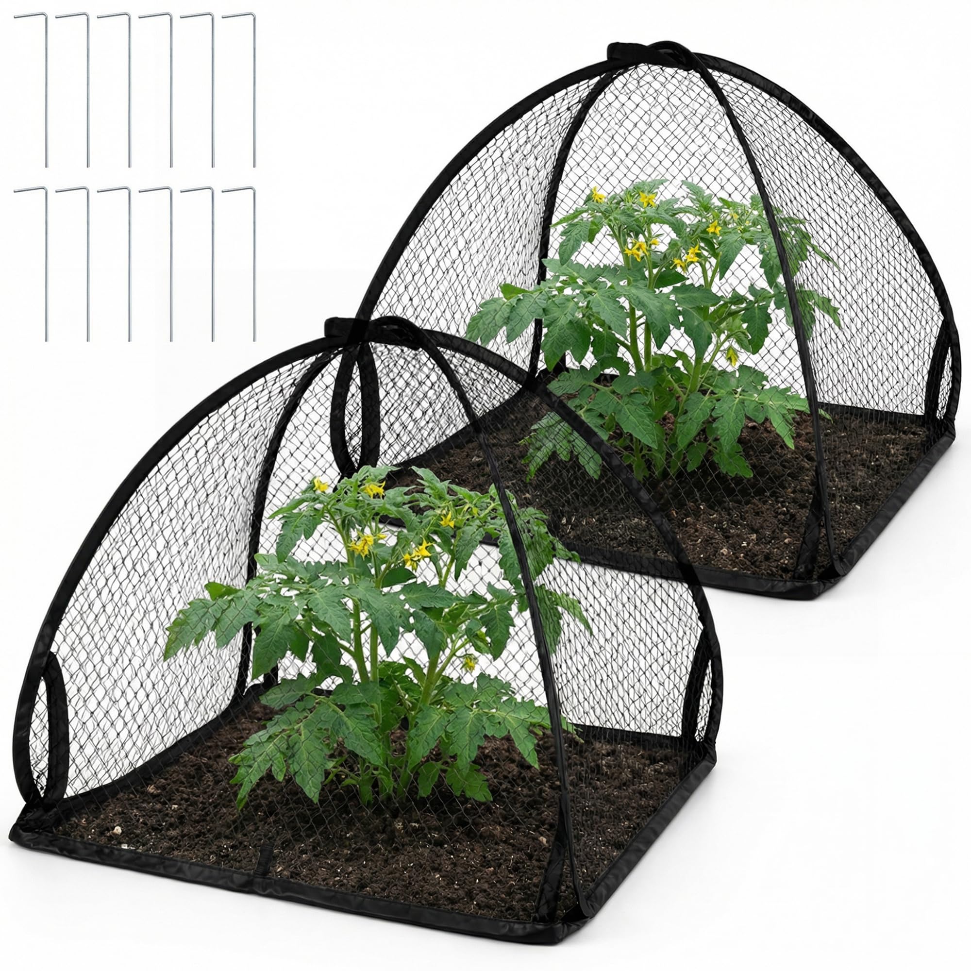 DECOHS 2 Pcs Pop-Up Mesh Plant Cover Tent, 22 x 22 x 22 Inch Garden Net Cage Guard Cover, Plant Protector Enclosure with 12 Ground Stakes for Protecting Plants Vegetable Fruit from Birds Insects-image-25