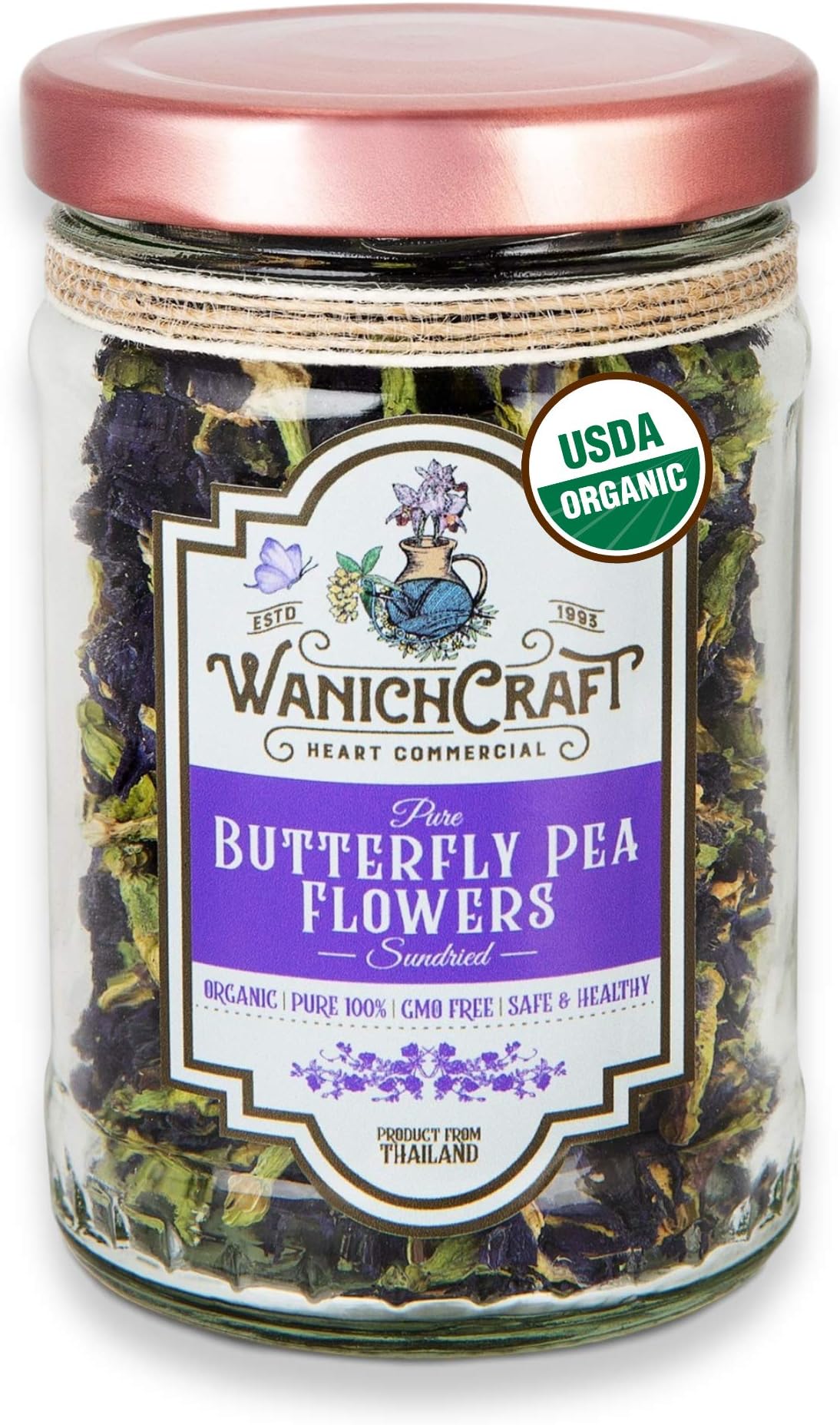 Butterfly Pea Flower Tea Dried Butterfly Pea Flowers | 100% USDA Organic | Glass Jar | NON GMO | Gluten Free | Antioxidants | For Gift | 0.71 Oz. – by WanichCraft