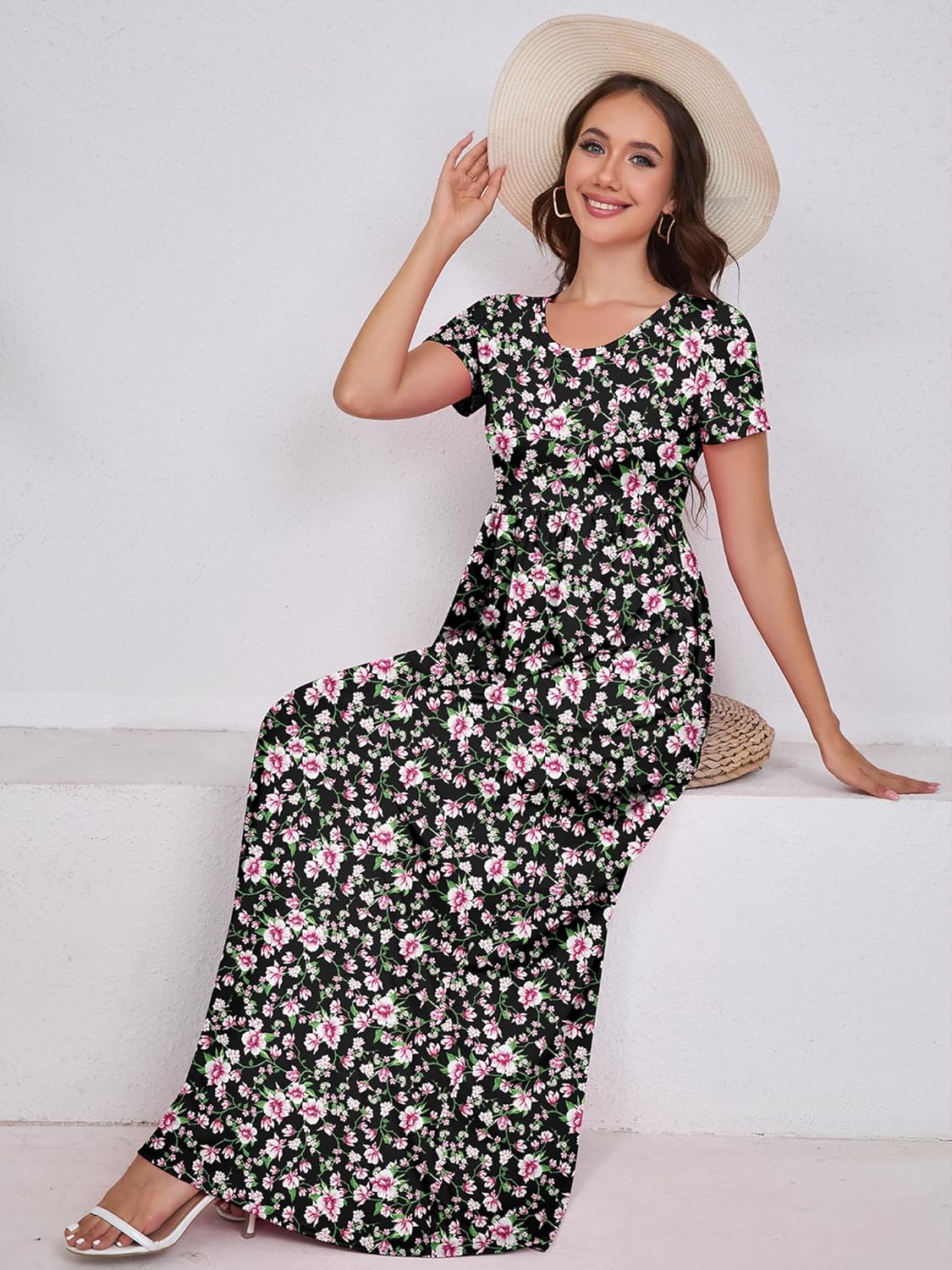 DEARCASE Maxi Dress for Women Short Sleeve Casual Summer Loose Plain Comfy Long Dresses with Pockets - Image 3