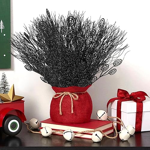 Vista 25 de Watayo 12 Pcs Halloween Artificial Curly Willow Branches, Fake Black Silver Glitter Curly Twig Stems Ornaments, Faux Halloween Glitter Sticks