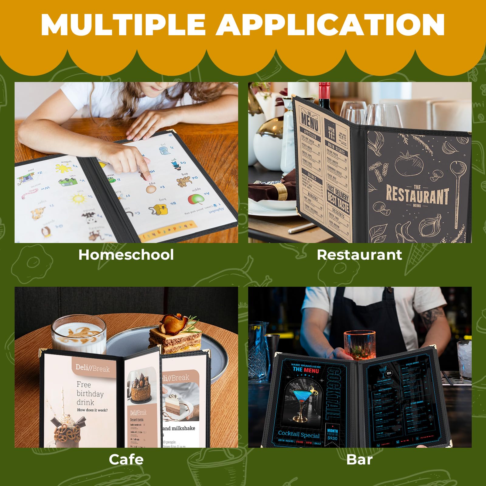 DASBET Couvertures de menu A5 pour menu de restaurant, 3 pages, 6 vues transparentes, chemises de menus noires, avec protections d'angle en métal, convient pour les restaurants, bars, cafés (5, 3
