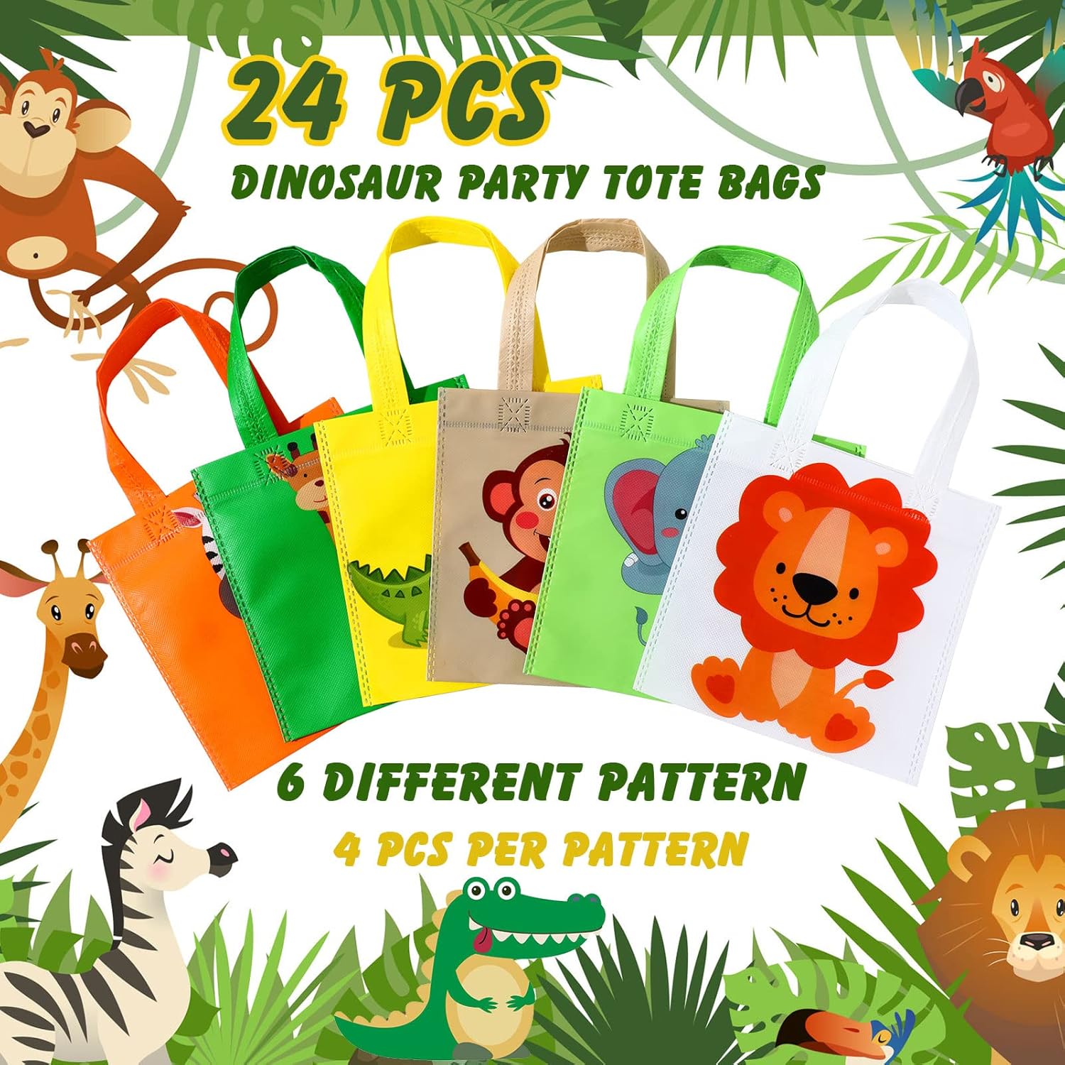 Tallew 24 Pack Safari Favor Bags with Handle Non Woven Jungle Animal Treat Goody Bags Lion Tiger Elephant Monkey Crocodile Giraffe Safari Birthday for Kids Party Baby Shower Decorations Supplies - Image 7